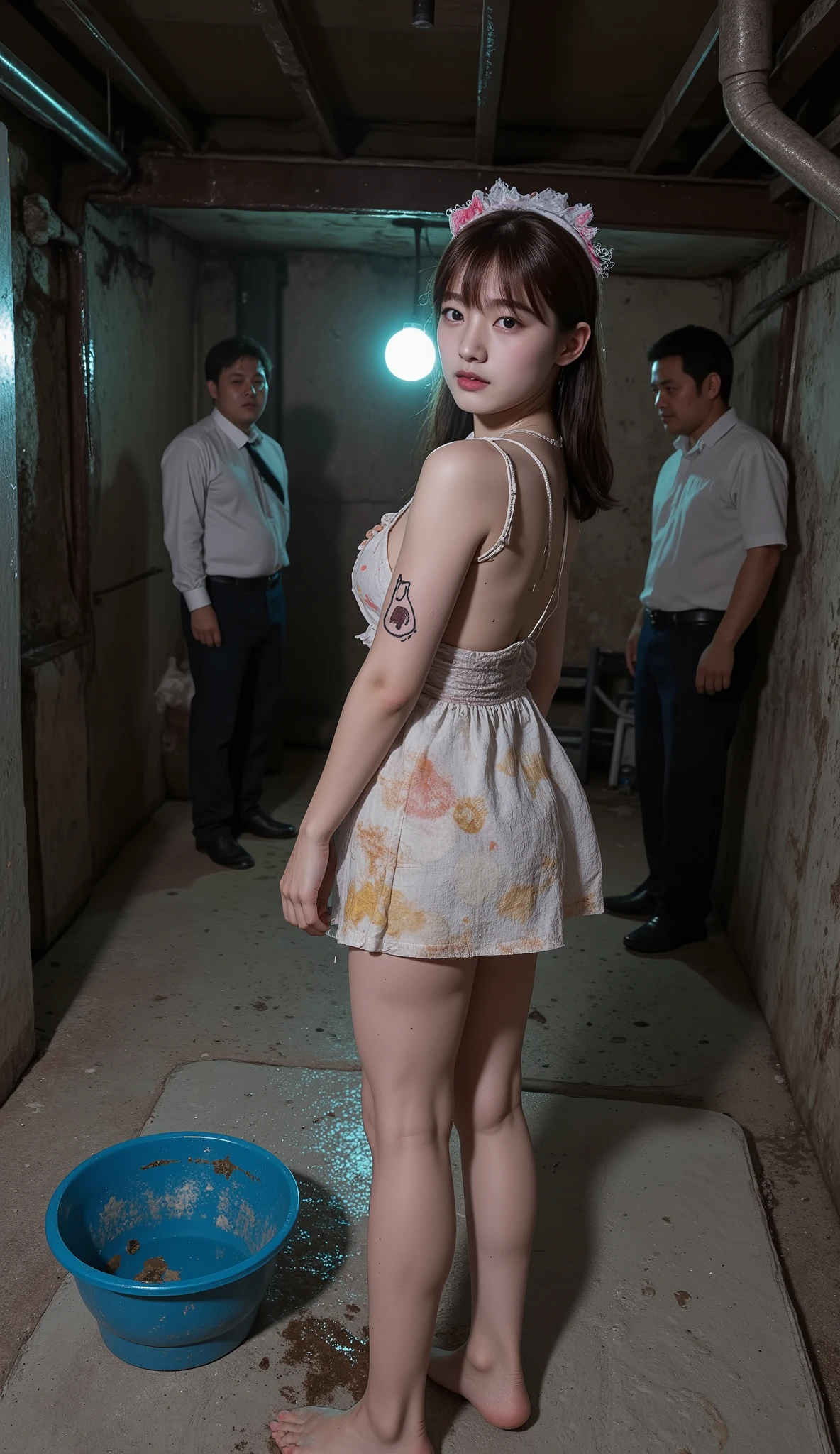 NSFW,
Realistic, photojournalism, documentary technique,
Hasselblad, 35mm Carl Zweiss lens, high resolution,
(full body visible :1.5),
Looking at the camera and looking a little surprised,
Young Korean girl,
she is after sex,
She is Arin, the youngest member of the idol group "OH MY GIRL",
bangs,
She is in her early s,
Big round brown eyes,
She has very white skin,
She has dark brown hair,
Her legs are a little chubby,
Her thighs are plump and firm,
she wearing idol short sleaveless dress,
Her clothes are old and very dirty,
Very dirty,
She has a tattoo that says "slutty ARIN",
She has a tattoo of a picture of a poop,
she has Intangible limbs,
She lives in the slums and is very dirty,
She looks unhealthy,
She has a lot of warts,
She has an infectious disease,
She has a lot of scars,
Her clothes have a lot of stains,
Some of the stains are black, some are yellow, some are red,
Her clothes are torn in places,
She is surrounded by three middle-aged men looking down on her,
At night,
she is in a cheap brothel room in the slums,
The room is dark and dirty,
Dirty mattress,
Bare light bulb,
The room is full of garbage,
A blue plastic bucket filled with filth,
She tells the man who comes in that she will do any kind of sex,
She can be bought for next to nothing,
She is garbage,
