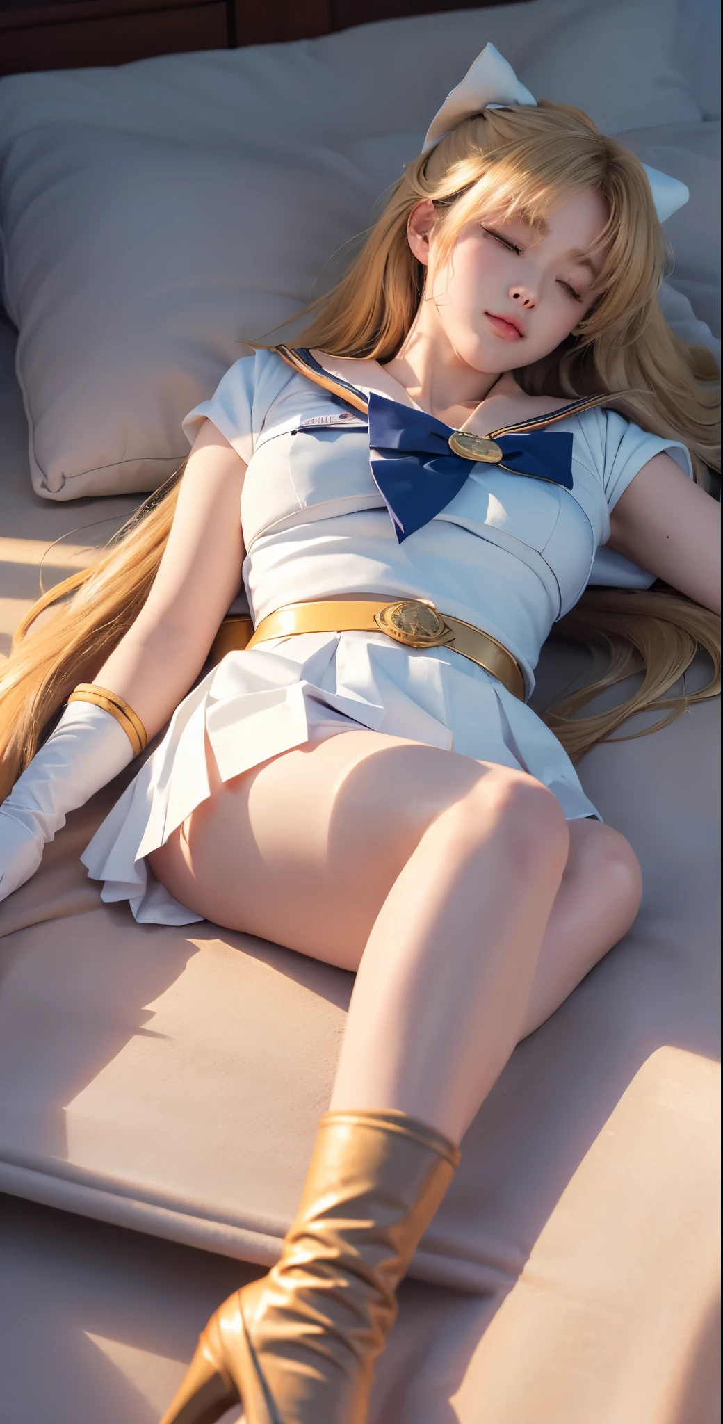 masterpiece, best quality, high resolution, Venus 1, 1 girl, Solitary, Sailor Soldiers, Sailor Venus, Minako Aino, Blonde, Magical girl, blue eyes, orangeskirt, Headdress, Pleated Skirt, bow, Orange sailor collar, mini skirt, necklace, red bow, orange necklace, Extra long hair, Jewelry, earrings, Lying on the sofa,, Put your hands behind your head, Camel toe, Orange lace, Orange high heels, Long legs