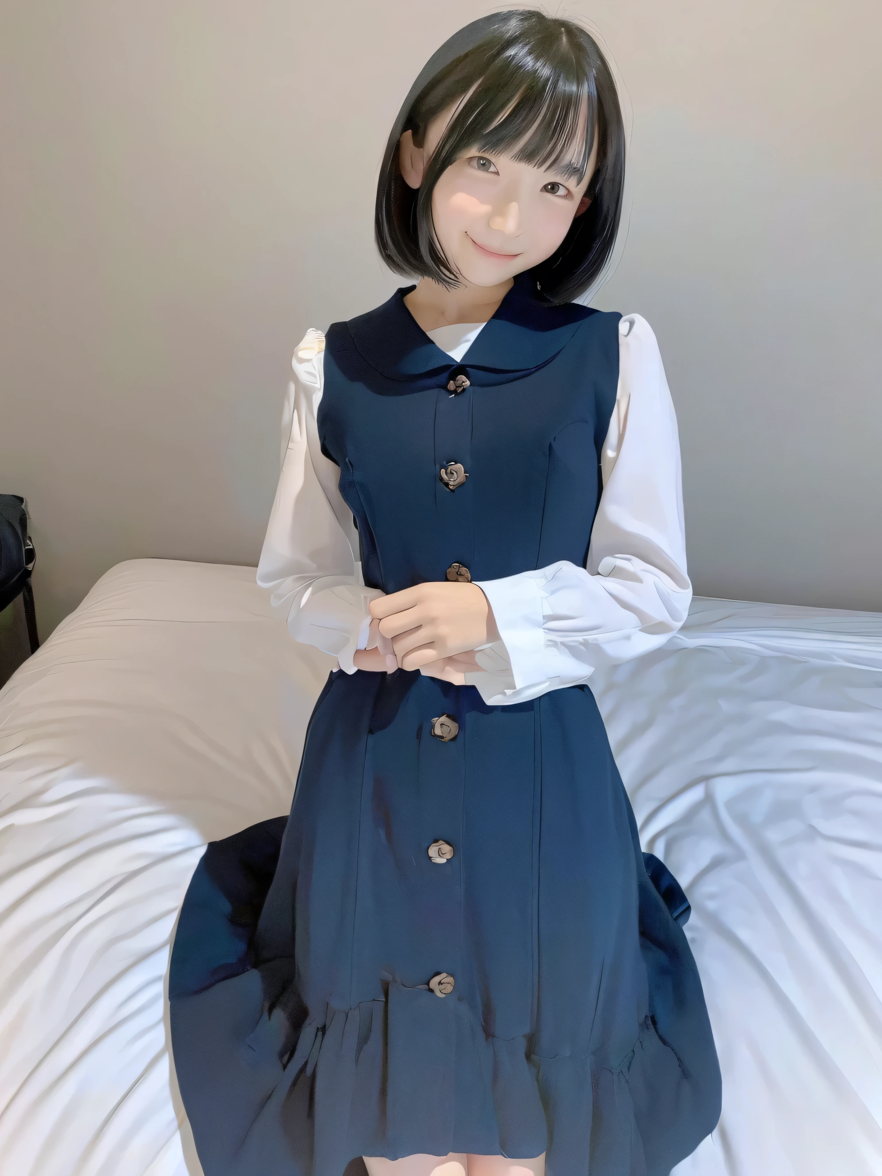 (masterpiece:1.3)、( best quality:1.3)、(8k:1.3)、( very detailed:1.3)、( is present:1.3)、(Extremely accurate images )、(Very Accurate Outfit )、 girl 、 alone、 is present、View your viewers、 black hair、glass、 simple background、(smile)、 small breasts、whole body、dress with buttons and collar、 slender and beautiful legs 、 on the bed