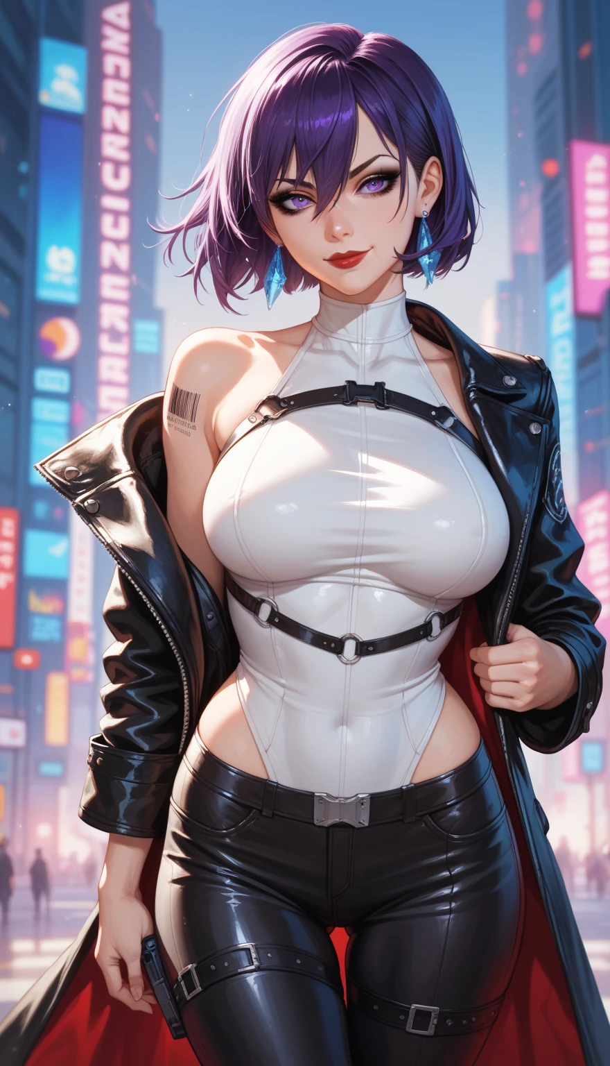 sexy girl, black lipstick, short hair, black stockings, thick ass, clothes, solo, cyberpunk, cyberpunk style, clothes in cyberpunk style. Fully dressed
