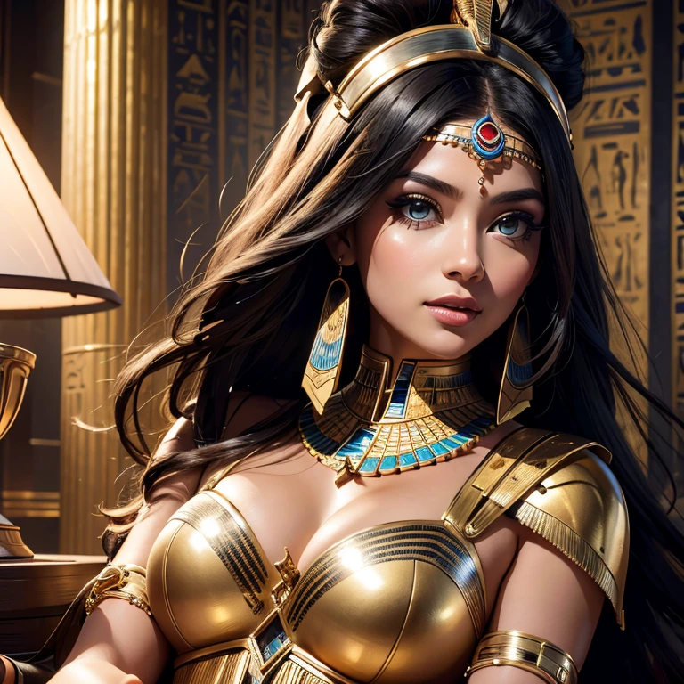 portrait Ariana Grande, wearing breasts cleopatra costume, against the background of the pyramids, character portrait, 3 9 9 0 s, short hair, intricate, elegant, highly detailed, digital painting, artstation, concept art, smooth, sharp focus, illustration, art by wlop, charlie bowater and alexandra fomina, 36k