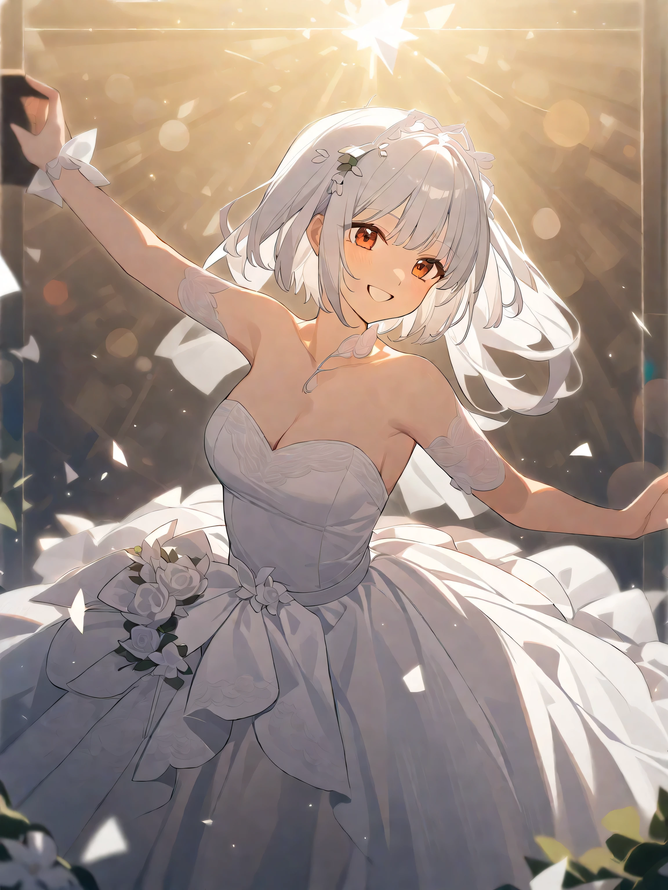 A girl with short white hair wears an off-the-shoulder bandeau white wedding dress,V-neck,Big skirt,Smiling
