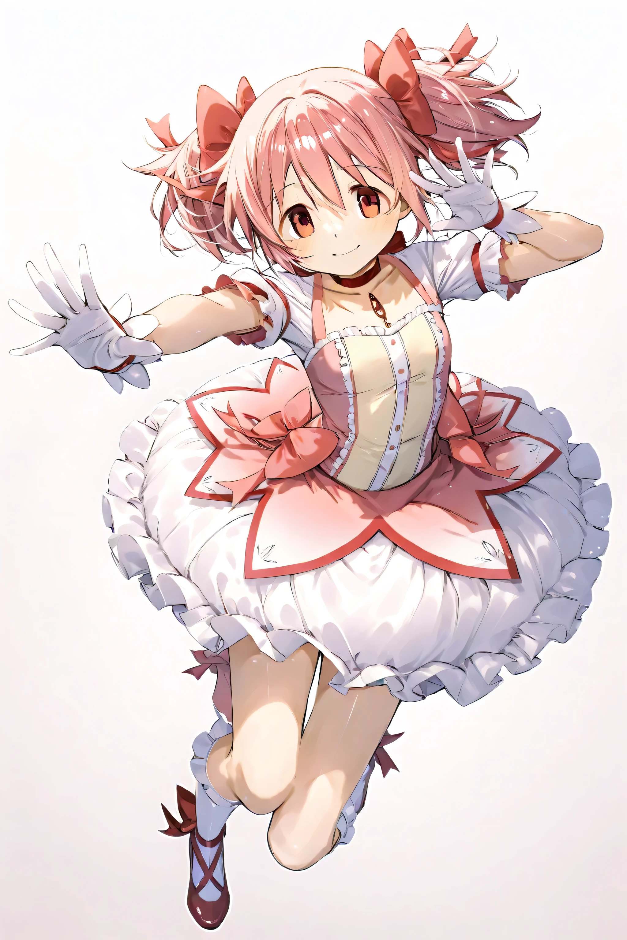 10 year old girl underwear,Madoka Kaname、Realistic bloomers made from patterned cotton fabric, Medieval one-piece dress with panniers, Fabric Realism, Low - Angle, I see bloomers, Pull up the dress by hand, Strong winds, Translucent slip, Translucent slip, tights, Highest quality, whole body