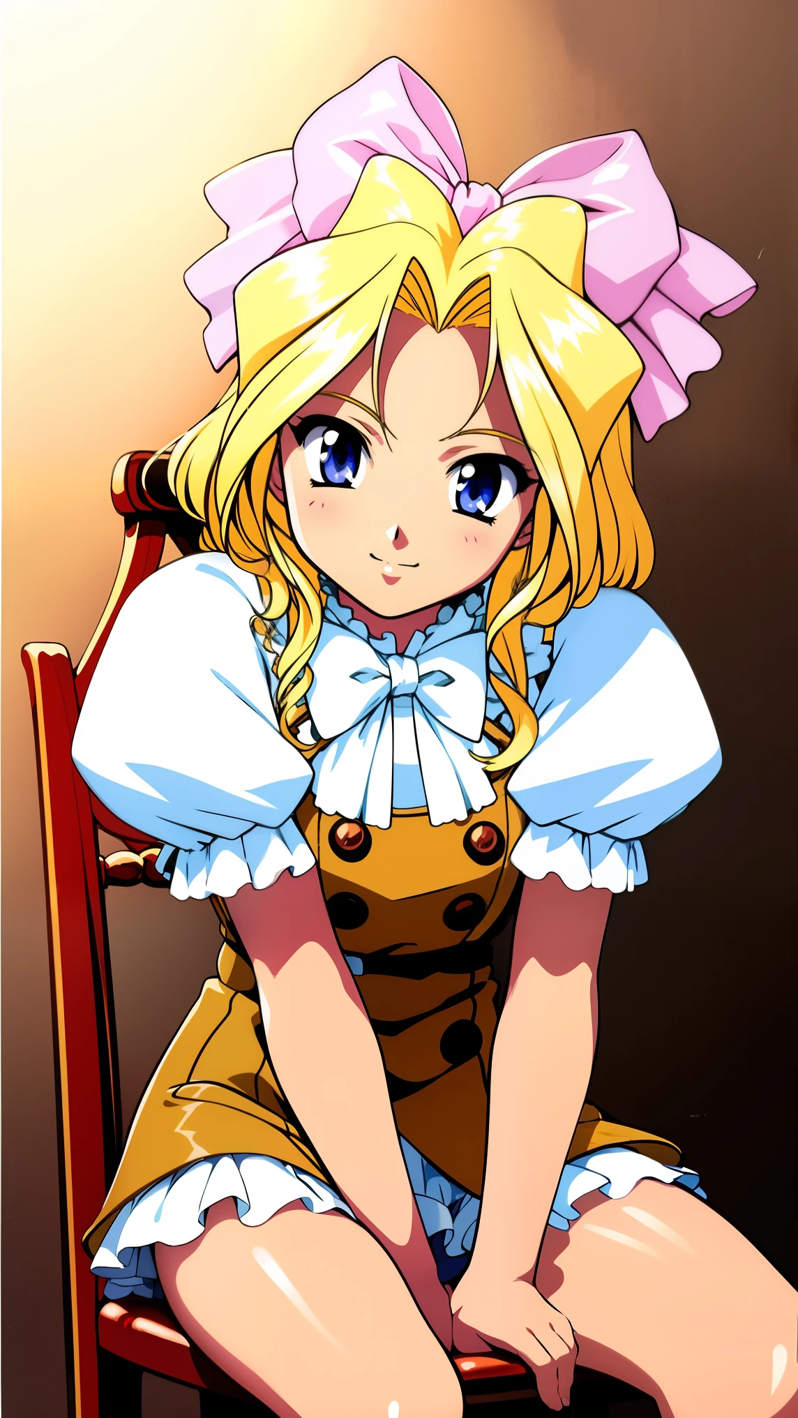  Iris Chateaubriand,  blond,  alone,  one girl,  ribbon, smile, cowboy shot, , Frenchtown、、Sit on a chair and flap your legs、 