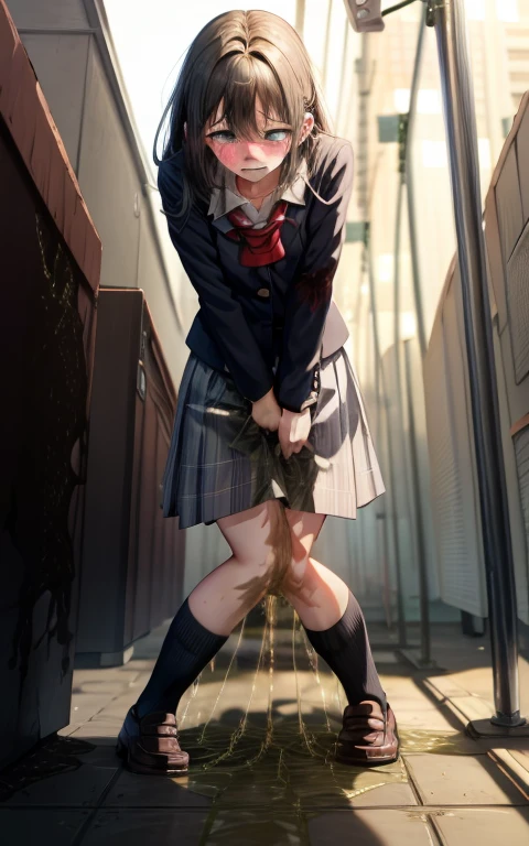(a woman is hiding in the shadow and leaving from street, tree, fence), (((round face, drooping eyes))), hentai, ((navy sailor suit, pleated skirt, sailor scarf, white-socks, loafers)), (((incontinent, peeing, humiliated))), (((pee dripping from the crotch))), embarrassing, outdoor, braiding,