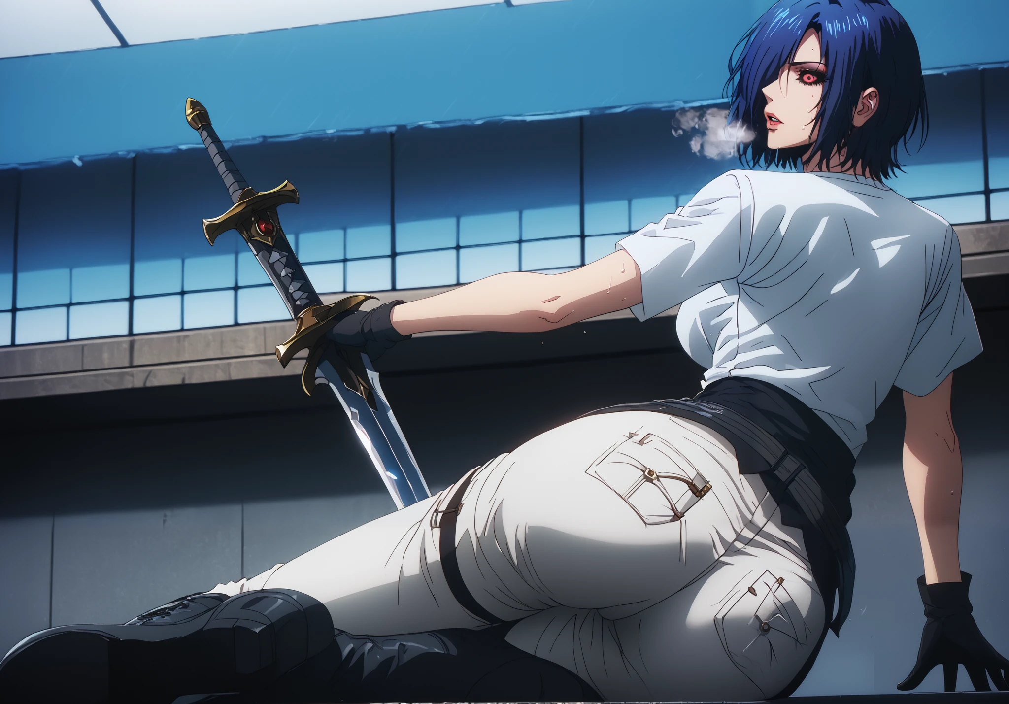 score_9, score_8_up, score_7_up, score_6_up, uncensored, kirishima touka, blue hair, hair over one eye, black sclera, red eyes, bright pupils, anime coloring, anime screencap, (voluptuous:1.3), (thick:1.3), BREAK UHD, retina, masterpiece, accurate, anatomically correct, textured skin, super detail, high details, high quality, award winning, best quality, highres, 4K, excessive sweating, sweating, sweating drop, (gasping, heavy breathing:1.3), perfect eyes, beautiful eyes, eyelashes, makeup, detailed body, perfect body, BREAK, 1girl, weapon, breasts, gloves, sword, solo, ass, boots, thigh_boots, black_gloves, large_breasts, holding_weapon, pants, indoors, balcony, shirt, white_pants, arm_support, holding, sheath, sitting, white_shirt, holding_sword, black_footwear, thighhighs, from_behind, looking_back, short_sleeves, lips, parted_lips,
