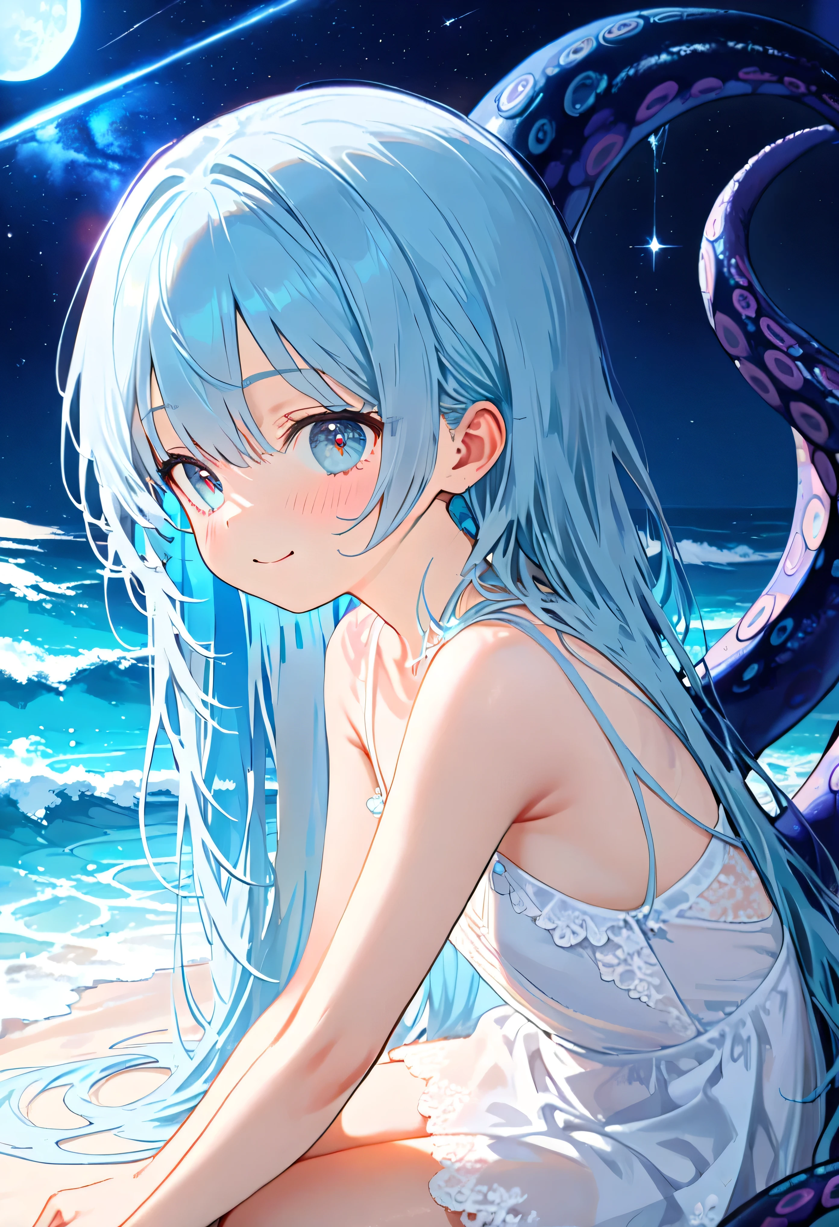 masterpiece, best quality, extremely detailed, (illustration, official art:1.1), 1 girl ,(((( light blue long hair)))), ,(((( light blue long hair)))),light blue hair, , long hair ((blush)) , cute face, big eyes, masterpiece, best quality,(((((a very delicate and beautiful girl))))),Amazing,beautiful detailed eyes,blunt bangs((((little delicate girl)))),tareme(true beautiful:1.2), sense of depth,dynamic angle,,,, affectionate smile, (true beautiful:1.2),,(tiny 1girl model:1.2),)(flat chest) ,A breathtaking scene unfolds as the moonlight casts a luminous glow on a deserted beach, painting the sky with a tapestry of twinkling stars. At the center of this ethereal moment, A young woman with long hair cascades sits in deep meditation. Its tranquil presence evokes a sense of inner peace and serenity amidst the vastness of the empty coast. The girl's silhouette stands out against the backdrop of darkness, his serene expression bathed in soft moonlight. Long pink tentacles of cascade down the back, intertwined with the gentle sea breeze that caresses his face. Your closed eyes indicate a deep connection to the universe, as if his own thoughts harmonized with the whispers of the ocean waves.