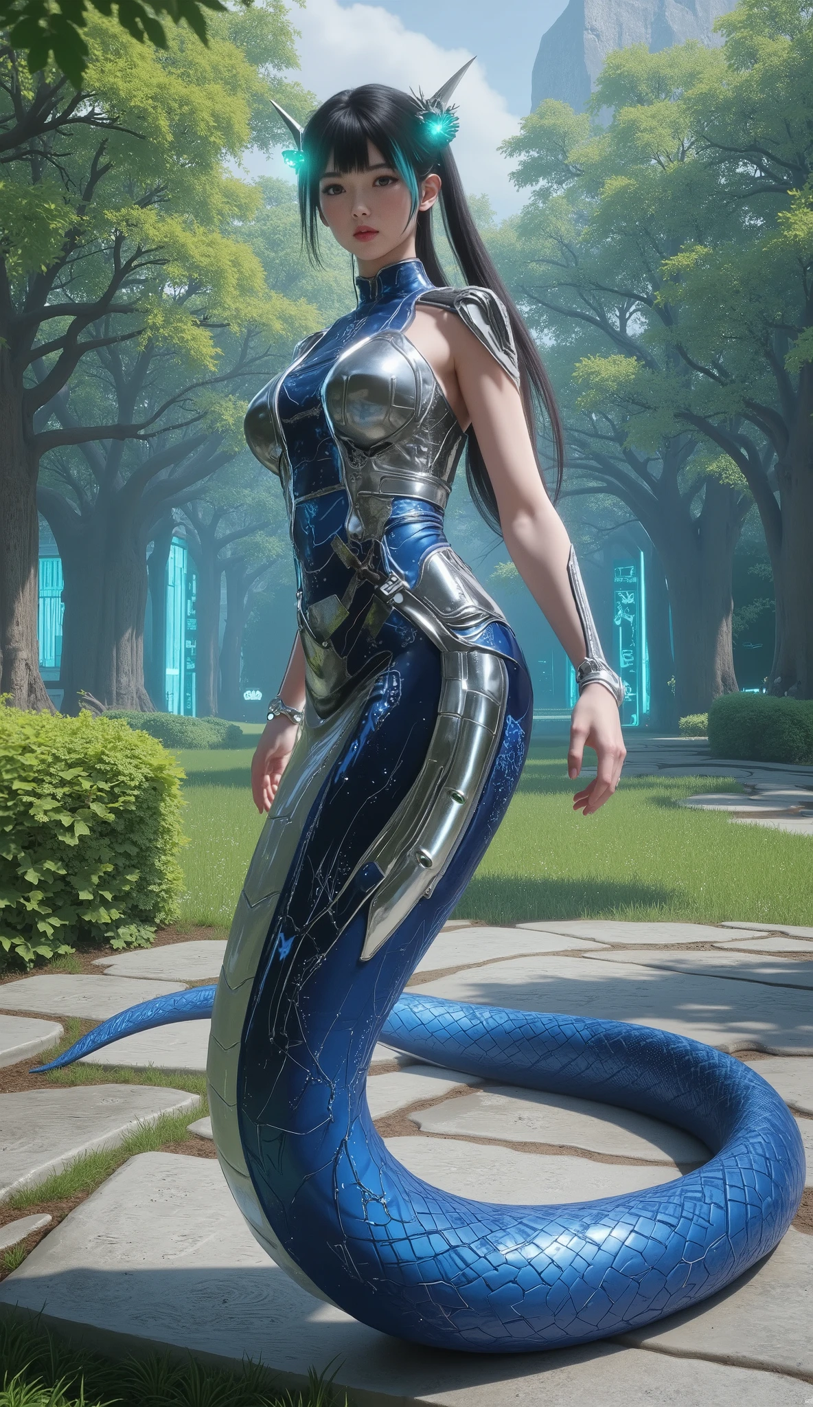 Snake Woman.a female character with a serpent-like lower body.Her upper body is human, but her lower body is serpent-like.Create an image of a futuristic snake woman who combines both the raw beauty of nature and the sleek precision of advanced technology. Her upper body, human in shape but otherworldly in presence, is clothed in a skin-tight suit made of semi-transparent material, faintly glowing with soft blues and purples. Her hair is a mass of digital tendrils, resembling flowing wires that constantly shift in color and form, mirroring the landscape around her. Her eyes are luminous, emitting a soft but powerful green glow, with irises that shift like dynamic data streams, capturing attention with their intensity. Her lower body is a magnificent serpent, the scales a seamless blend of organic and synthetic materials. The top half of the serpent’s tail is embedded with sleek metallic plating, its edges sharp and glimmering like polished chrome, while the rest of the tail transitions into intricately patterned, glowing scales that pulse with faint, neon-like lights. The serpent’s movements are fluid and hypnotic, its tail winding gracefully through the air, leaving a trail of light in its wake, almost like a stream of liquid energy. She stands in a high-tech, alien forest, a place where nature and technology are fused together. Towering, crystalline trees grow in shimmering, geometric formations, their trunks lined with panels that glow with soft bioluminescence, while the foliage above shifts like digital projections. Above, holographic stars flicker in the sky, while distant flying machines hover in the air, their lights cutting through the fog of the forest. Floating platforms hover nearby, pulsing with energy, as if charged by the snake woman’s presence, while intricate digital symbols dance in the air, leaving trails of light as they follow her movements. The atmosphere is one of quiet power and unsettling beauty.
