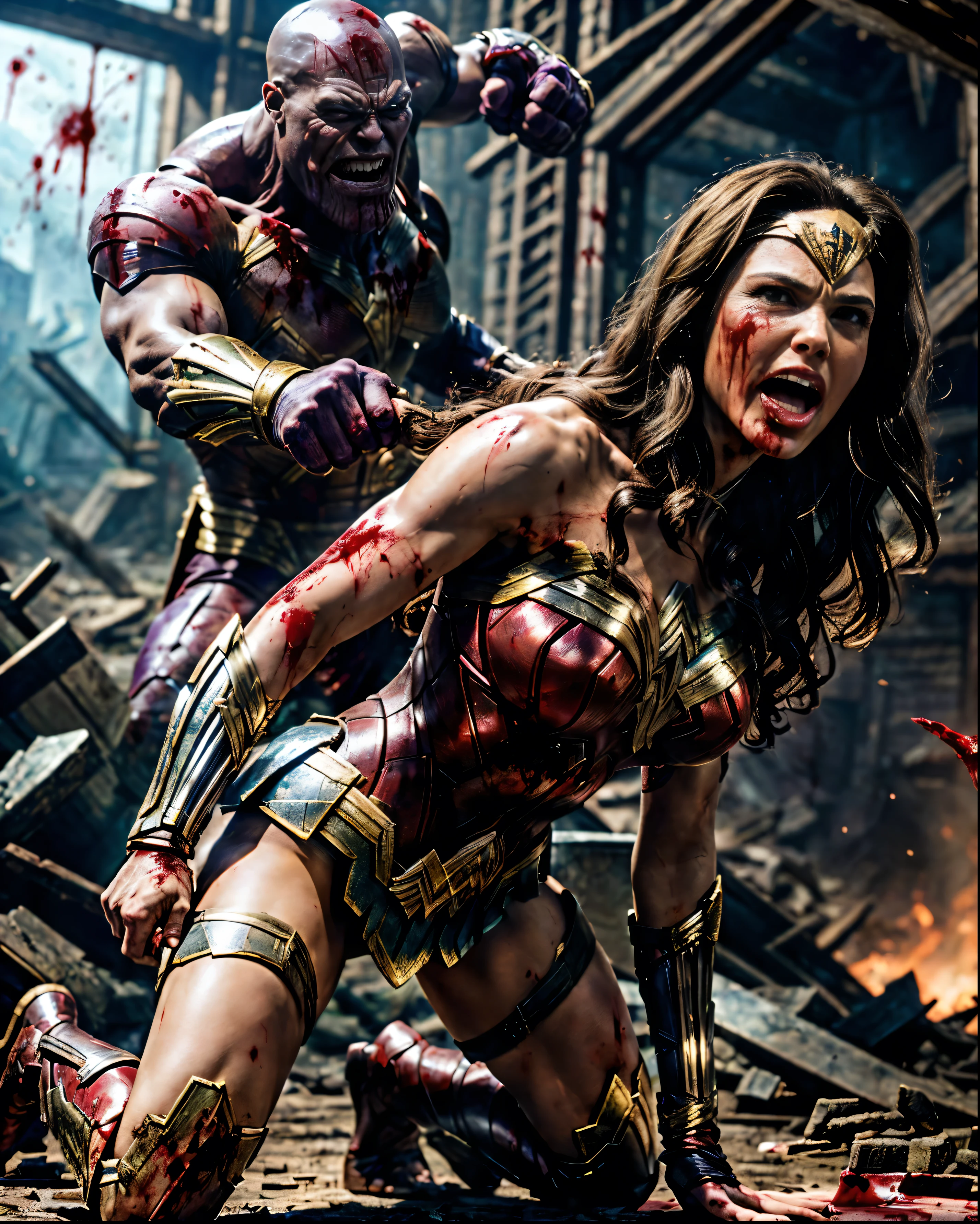 (The 8k quality, Ultra-high-resolution quality, Ultra high definition, Photorealistic, Best Quality):1.5, (masterpiece):1.4,
(camera angle from the front view):7.0,
(in the ruined building):5.5,
(depiction of brutal violence, scene of punch, bloody brutal violence, hetero):1.5,
(brutal violence to beautifully shaped 1 GAL GADOT dressed as wonderwoman by 1 huge THANOS wearing armor):10.0, (grabbing another's hair, hand in another's hair, hand on another's head, head grab, CarnageStyle, (blood_red:1.5)):8.0, (brutal violence, 1 muscular THANOS wearing armor is grabbing GAL GADOT's hair with his hand violently from her behind, grab hair):10.0, (1 GAL GADOT grabbed hair from behind, kneeling, medium breasts):10.0,
(extremely screaming face with pain, bloody face, a little slightly opened eyes, medium build, medium height, broken armor):3.5,