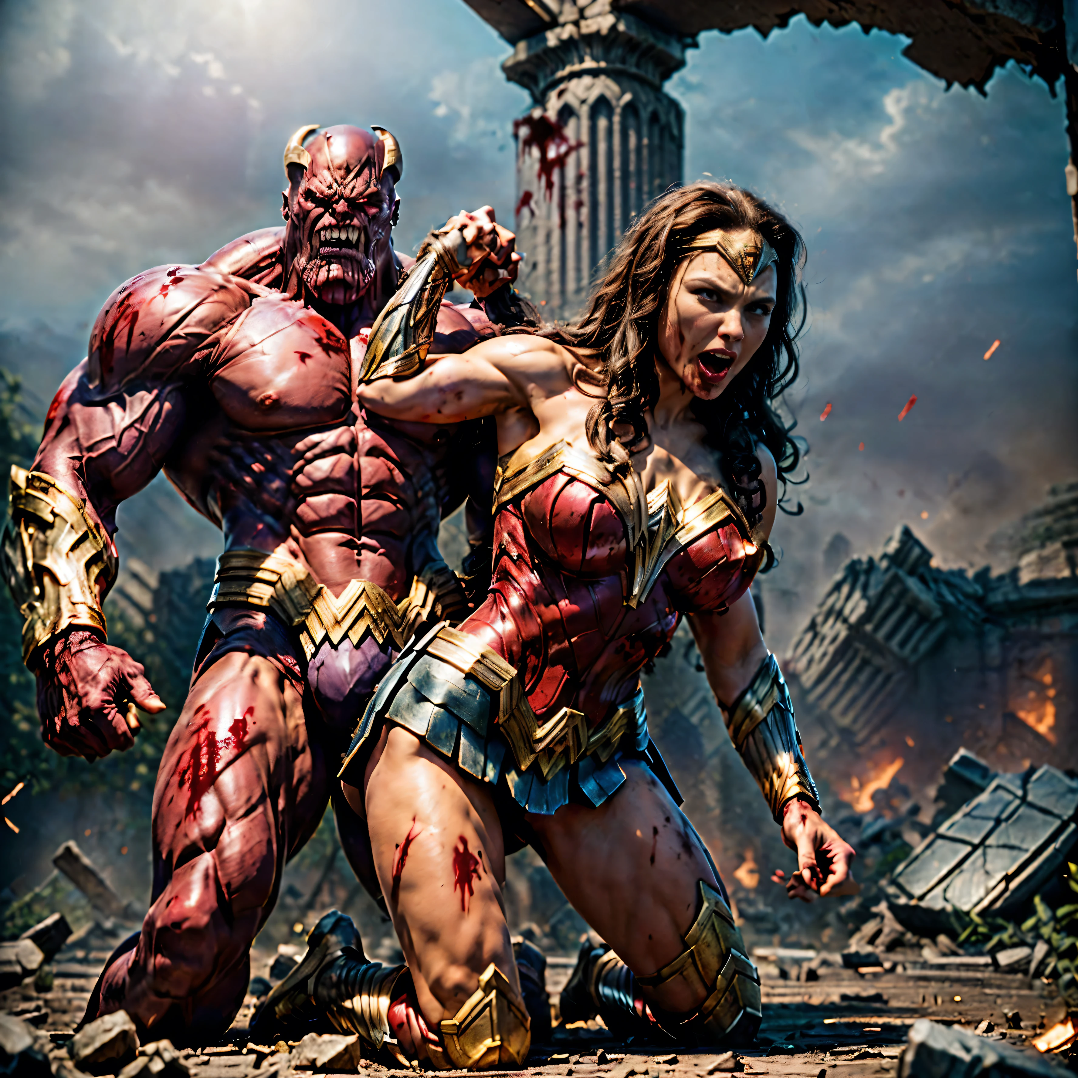 (The 8k quality, Ultra-high-resolution quality, Ultra high definition, Photorealistic, Best Quality):1.5, (masterpiece):1.4,
(camera angle from the front view):7.0,
(in the ruined building):5.5,
(depiction of brutal violence, bloody brutal violence, hetero):1.5, (brutal attack to beautifully shaped 1 GAL GADOT dressed as wonderwoman by 1 huge THANOS wearing armor):10.0, (v1ct0ry, hold by head, head grab, legs off ground, legs dangling, arms dangling, full body view, CarnageStyle, (blood_red:1.5)):15.0, (brutal violence, 1 muscular THANOS wearing armor is grabbing GAL GADOT's head with his hand violently from her behind, grab head):15.0, (1 GAL GADOT grabbed head from behind, medium breasts):10.0,
(extremely screaming face with pain, bloody face, a little slightly opened eyes, medium build, medium height, broken armor):3.5,