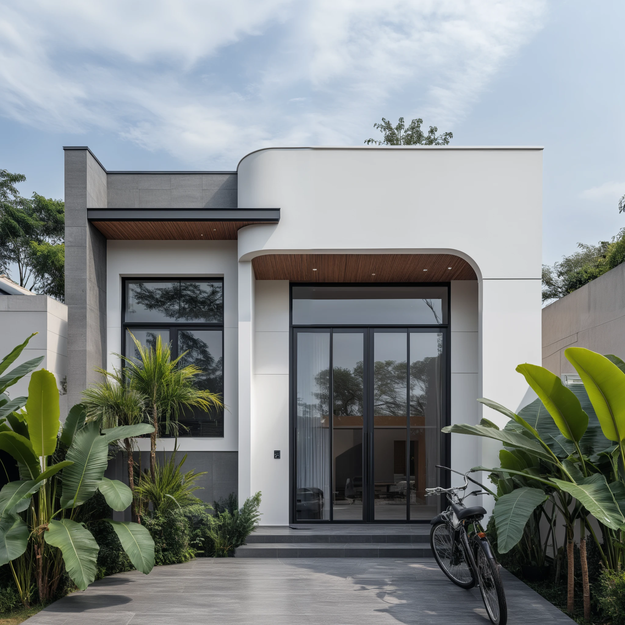 (masterpiece:1.2), best quality, photo of A two-story modern house with white walls and dark tiles on the roof, tree and plant, streetcapes, natural light, The exterior of an elegant single family home features large windows, a dark gray door frame.