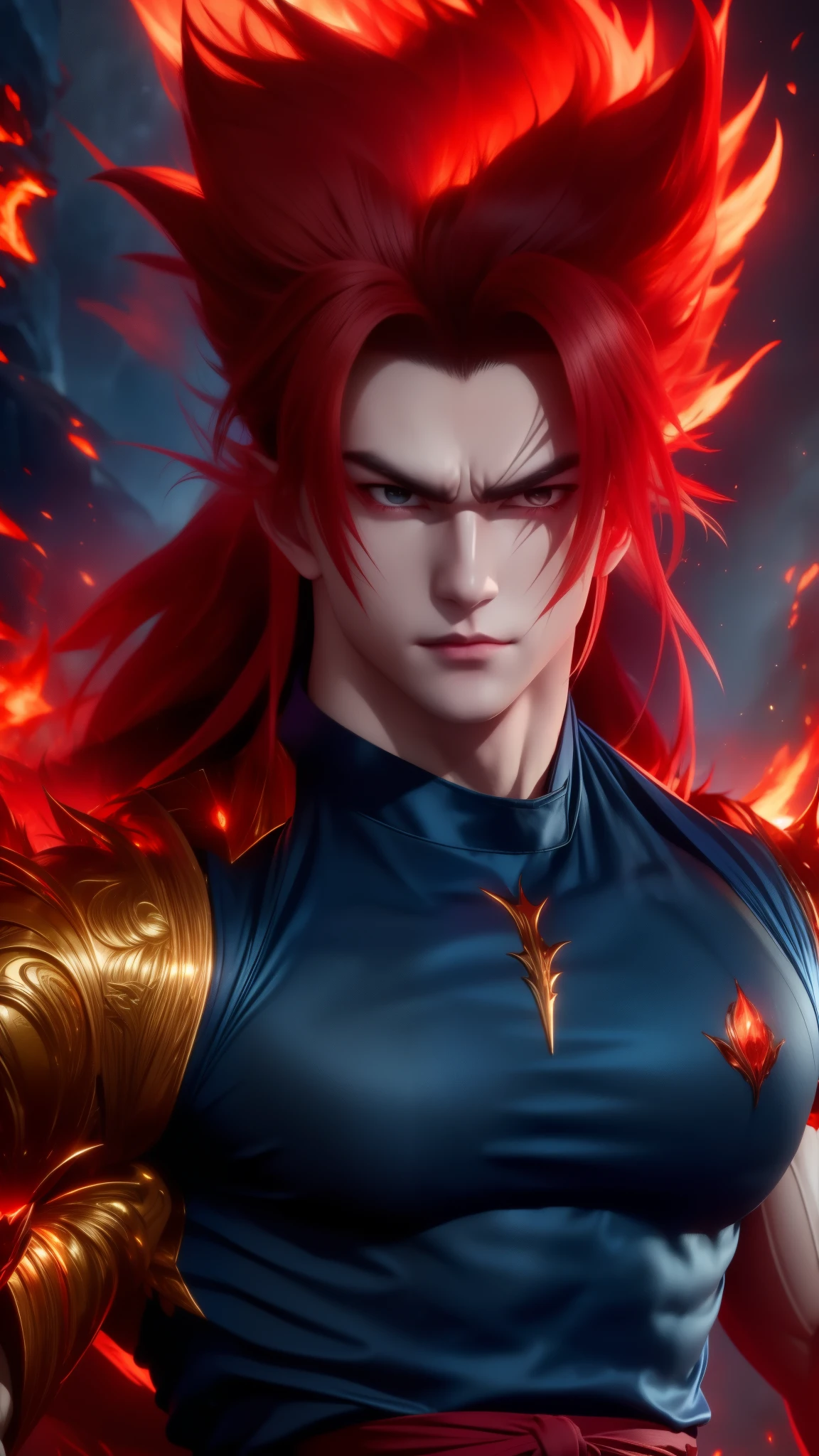 This image depicts a powerful and imposing warrior with a striking appearance. Hair: Wild, thick, and spiky red hair, adding to his fierce and untamed look. Eyes: Sharp, intense gaze with a determined and serious expression. Gohan: Extremely muscular physique with well-defined abs and a broad chest. Clothing: Loose golden pants tied with a dark blue sash, evoking a martial arts style. Fur: Thick red fur covering his arms and upper body, giving him a hybrid human-beast appearance. Tail: A long red tail extending behind him, reinforcing his primal strength. Overall, the character exudes an aura of raw power, resembling a warrior in an advanced transformation state from an anime or fantasy setting.