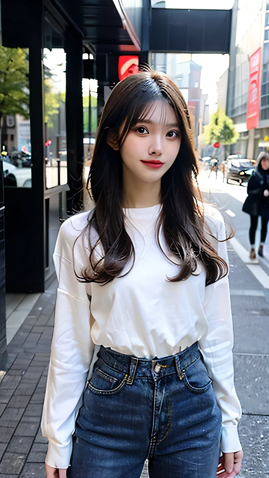 A stylish and elegant AI girl with a slender figure, wearing form-fitting jeans that highlight a modern, fashion-forward aesthetic. She has a confident, graceful posture and is posed in a trendy, urban setting. Her look combines futuristic elements with chic, casual fashion, and the focus is on her confident expression and the sleek, stylish silhouette.Behind。