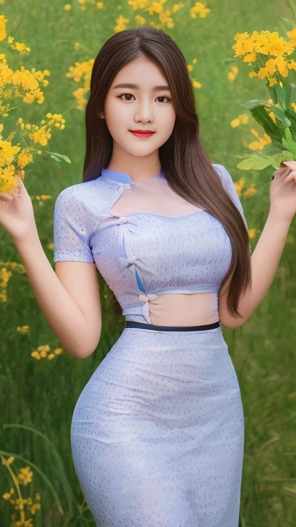 ((best quality)), ((masterpiece)), (detailed), perfect face, araffe woman in a long dark-blue shirt and blue denim skirt walking down a street, thicc, wavy short hair , she has a jiggly fat round belly, bbwchan, wearing tight simple clothes, skinny waist and thick hips, widest hips, her belly is fat and round, soft curvy shape, hyperrealistic full figure, wearing a cute top, wide hips, wearing 10 bracelet , wearing huge diamond necklace