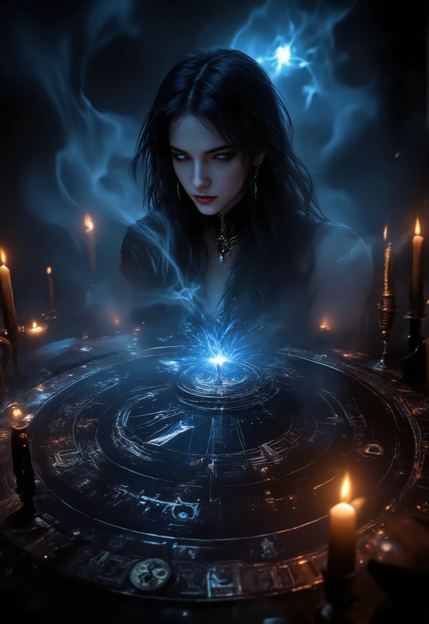 ( girl, standing in the center of the magic circle),dark magic, detailed engravings , glowing sigils , ancient symbols , mesmerizing atmosphere , mystical aura ,Detailed patterns , magical flames ,flickering candles , swirling smoke ,ethereal fog, Mysterious glow , dramatic lighting ,witchcraft, magic elements ,powerful energy , charming atmosphere , otherworldly beauty , charming magic ,Mesmerizing scene,unearthly power , extraordinary charm , beautifully ghostly , majestic presence , ethereal essence , intricate design ,spell, dark and mysterious , magical conspiracies ,Whispers of Charm, enchanted by her presence , dimly lit room ,Supernatural Energy, sorceress in the spotlight ,завораживающее spell, Dark Arts ,Mesmerizing movements