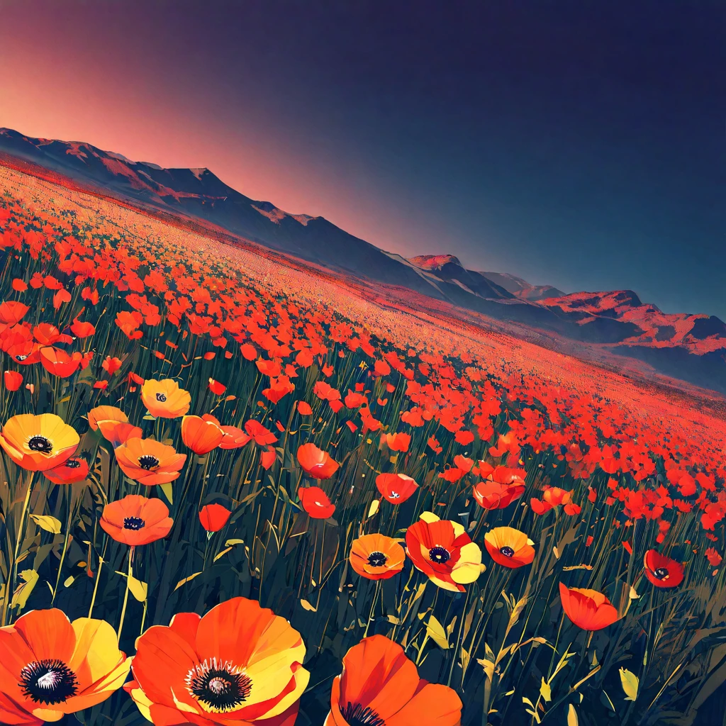 poppy field in dusk with distant mountains background no humans