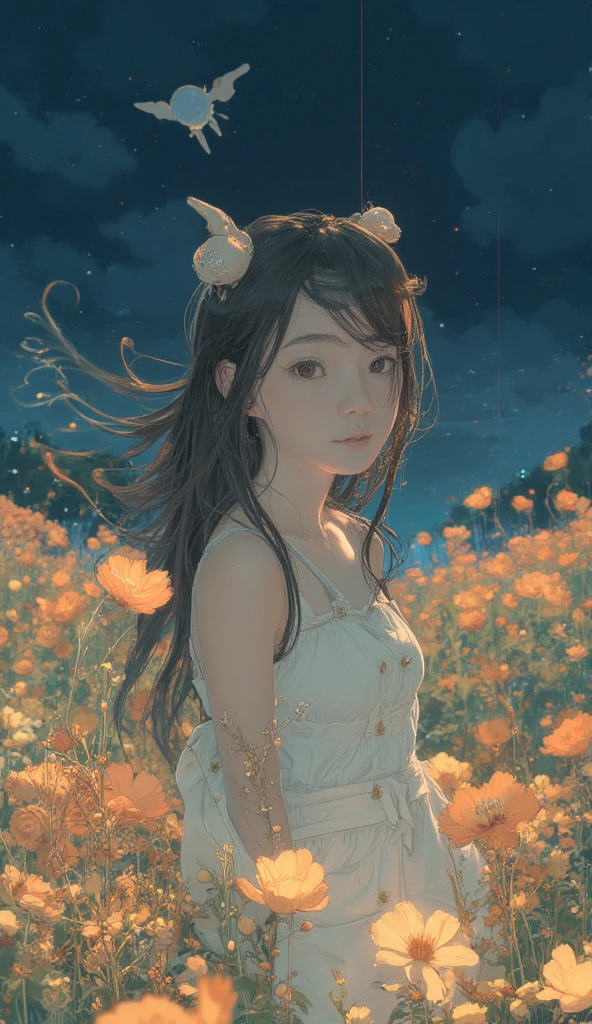 grassy fields,Shrouded in moonlight,Distant girl,far off,broad,dream magical,White moonshine,the night,The wind blows hair,Wide meadow