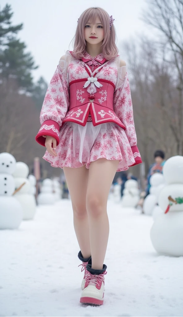 Japanese person, 18-year-old female, medium hair, light pink loose wave perm, full body depiction, cyber arrangement costume of a shrine maiden suitable for performance, miniskirt and short boots, wearing hair ornament, walking in a snowy landscape A super realistic depiction of snowmen and friends in the background.