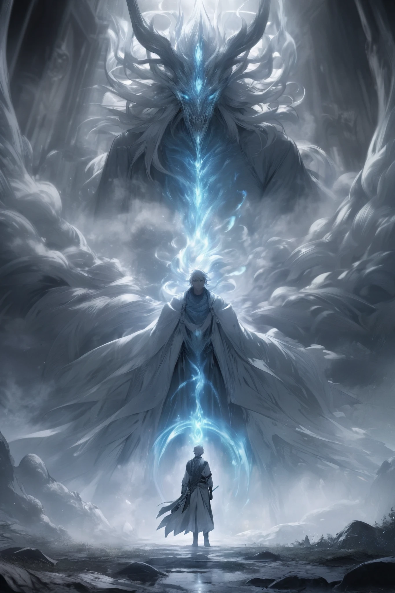 male, human, gray fog spirit, celestial mist aura, empty eyes