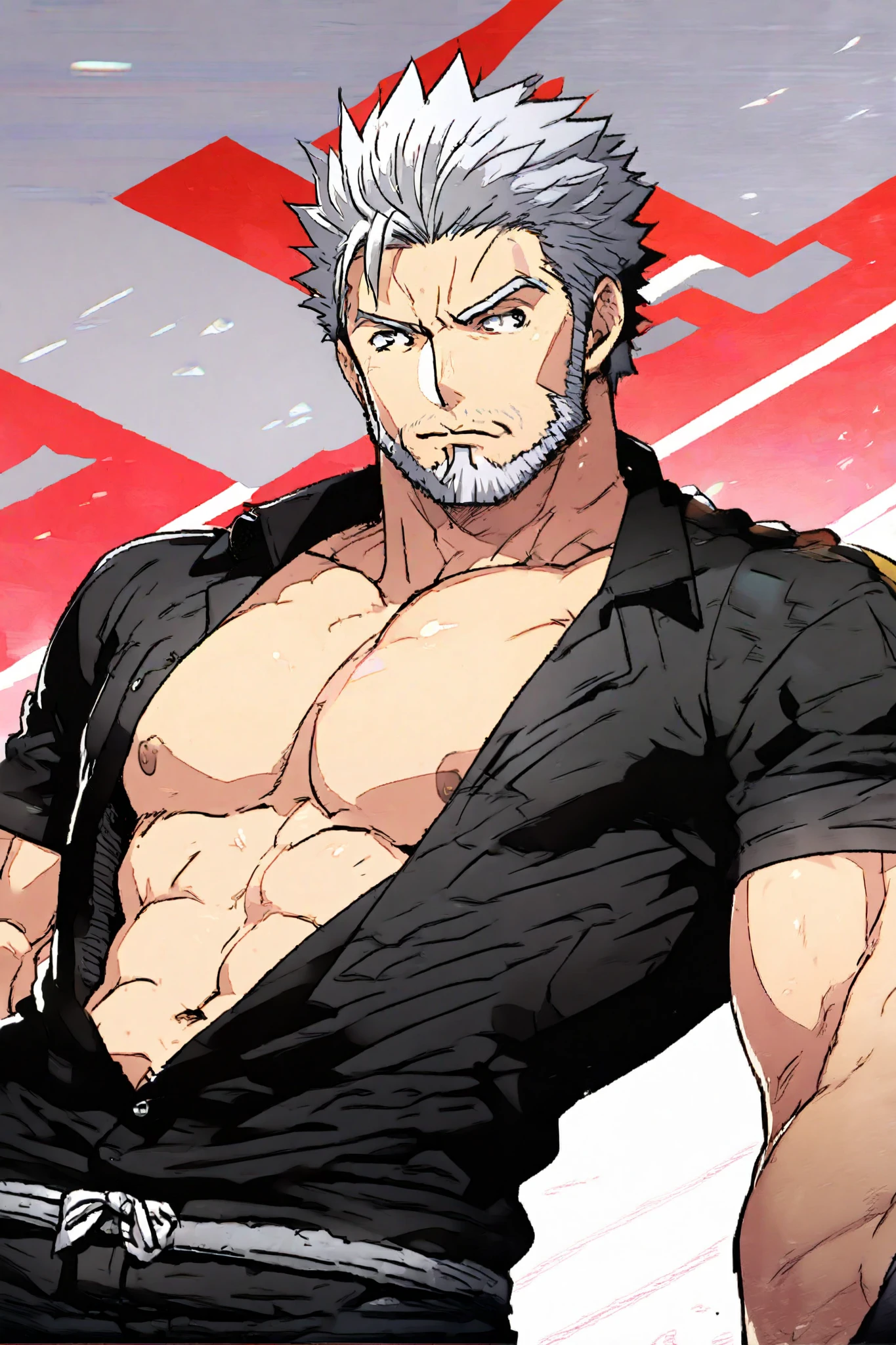 1boy,muscular male,tops less,black pants,silver hair,beard,30s male,short hair