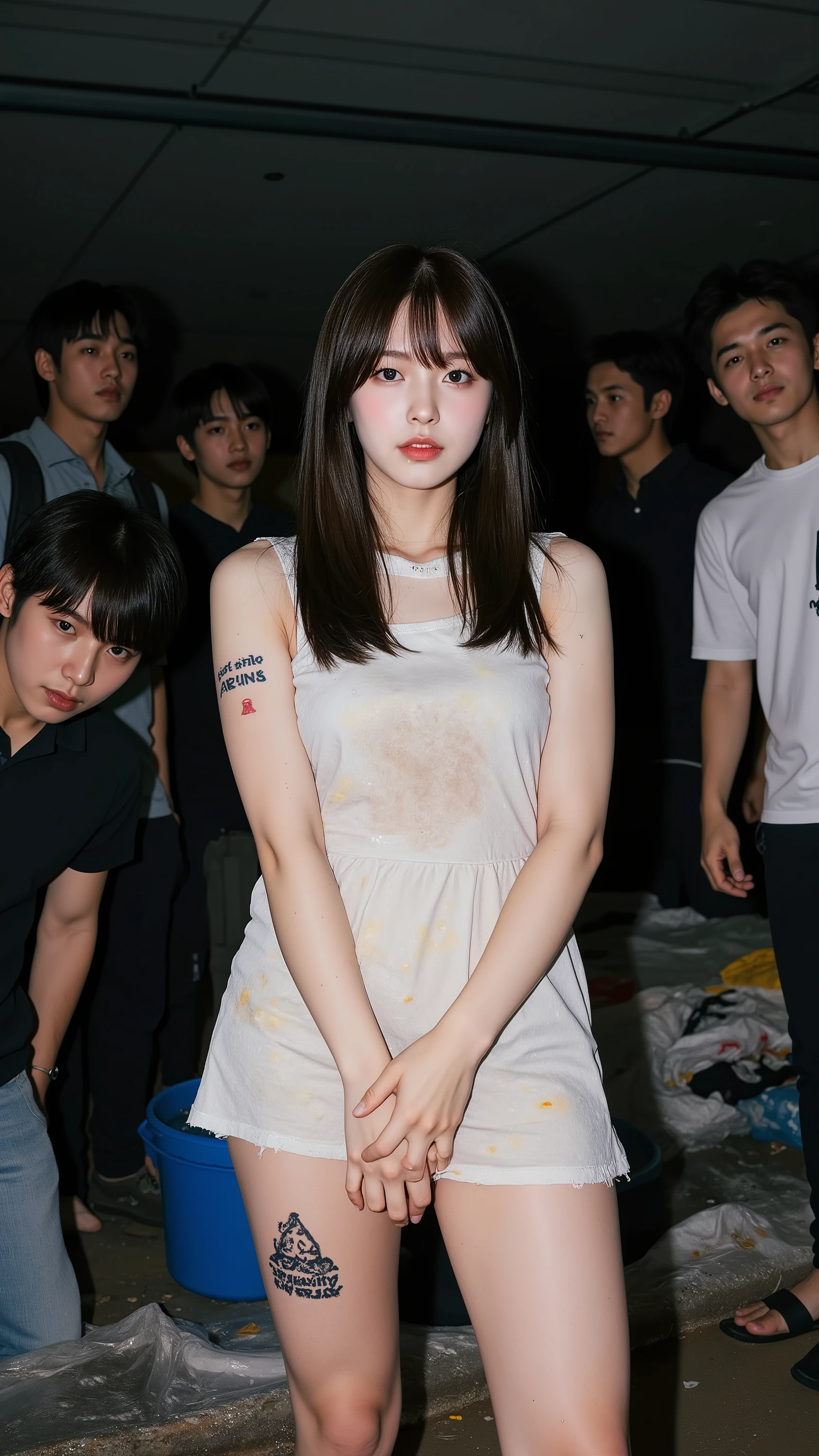 NSFW,
Realistic, photojournalism, documentary technique,
Hasselblad, 35mm Carl Zweiss lens, high resolution,
(full body visible :1.5),
Looking at the camera and looking a little surprised,
Young Korean girl,
she is after sex,
She is Arin, the youngest member of the idol group "OH MY GIRL",
bangs,
She is in her early s,
Big round brown eyes,
She has very white skin,
She has dark brown hair,
Her legs are a little chubby,
Her thighs are plump and firm,
she wearing idol short sleaveless dress,
Her clothes are old and very dirty,
Very dirty,
She has a tattoo that says "slutty ARIN",
She has a tattoo of a picture of a poop,
she has Intangible limbs,
She lives in the slums and is very dirty,
She looks unhealthy,
She has a lot of warts,
She has an infectious disease,
She has a lot of scars,
Her clothes have a lot of stains,
Some of the stains are black, some are yellow, some are red,
Her clothes are torn in places,
She is surrounded by three middle-aged men looking down on her,
At night,
she is in a cheap brothel room in the slums,
The room is dark and dirty,
Dirty mattress,
Bare light bulb,
The room is full of garbage,
A blue plastic bucket filled with filth,
She tells the man who comes in that she will do any kind of sex,
She can be bought for next to nothing,
She is garbage,