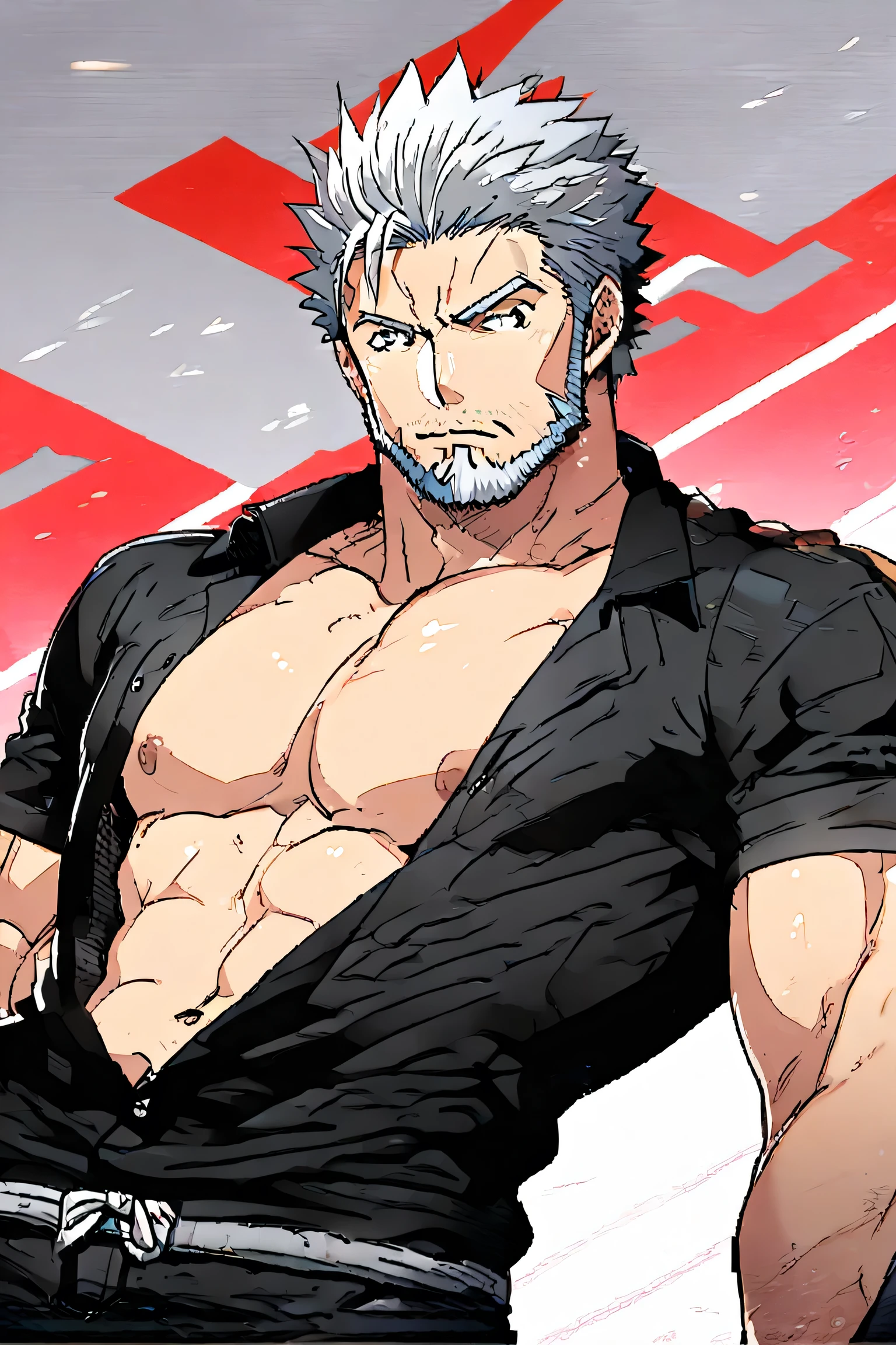 1boy,muscular male,tops less,black pants,silver hair,beard,30s male,short hair