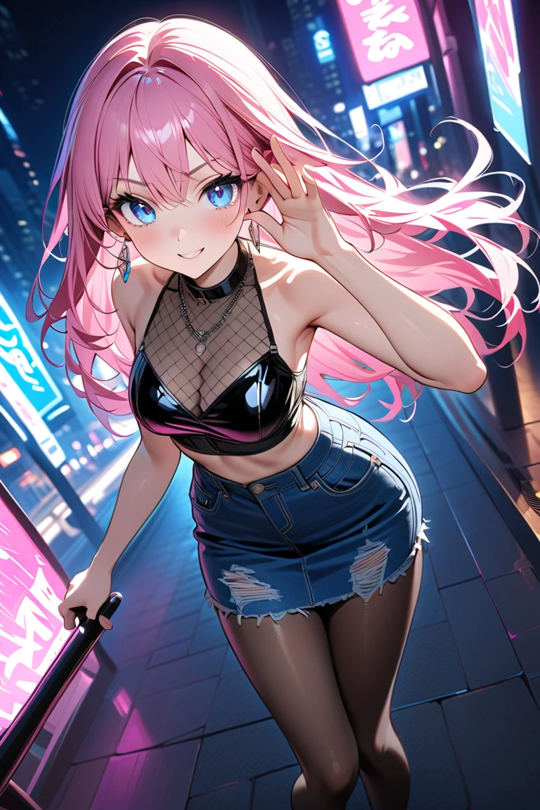 masterpiece, best quality, 1girl, solo, (black hair:1.3), (pink hair:1.2), narrow waist, (slim:1.2), (large breasts:1.2), slim thighs, straight hair, blunt bangs, french braid, (multicolored hair:1.5), (two-tone hair:1.2), (gradient hair:1.3), multicolored eyes, standing, long hair, looking at viewer, blush, tall female, choker, multiple necklaces, wristband, thigh strap, (eyeliner:1.2), eyeshadow, (street:1.2), outdoors, upper body, (black camisole:1.3), navel, midriff, cleavage, curvy, (sportswear:0.5), (floating long hair:1.1), (black panties:1.9), earrings, piercing, smile, bare legs, (blue hair:1.3), (pink hair:1.3),