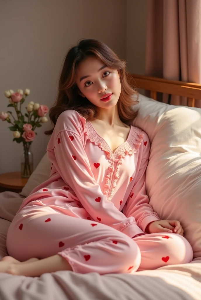 masterpiece, best quality, absurdres, extremely detailed, illustration, cute, perfect lighting, <lora:pillow_v3-000010:1>, pillow hug, sitting, indian style, 1girl, solo, smile, grin, pajamas, pillow, spoken heart, ponytail,