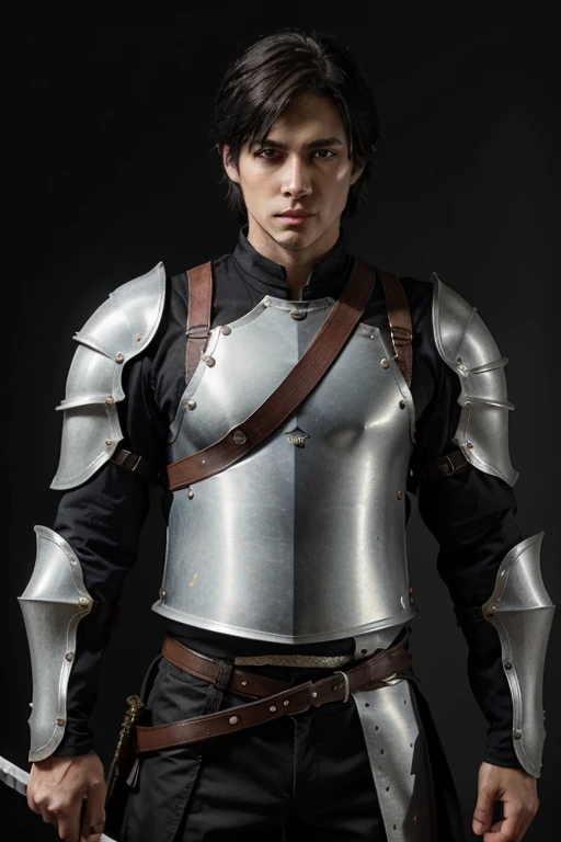 young white man,Brown eyes,extra short black hair,something muscular,medieval armor,forest