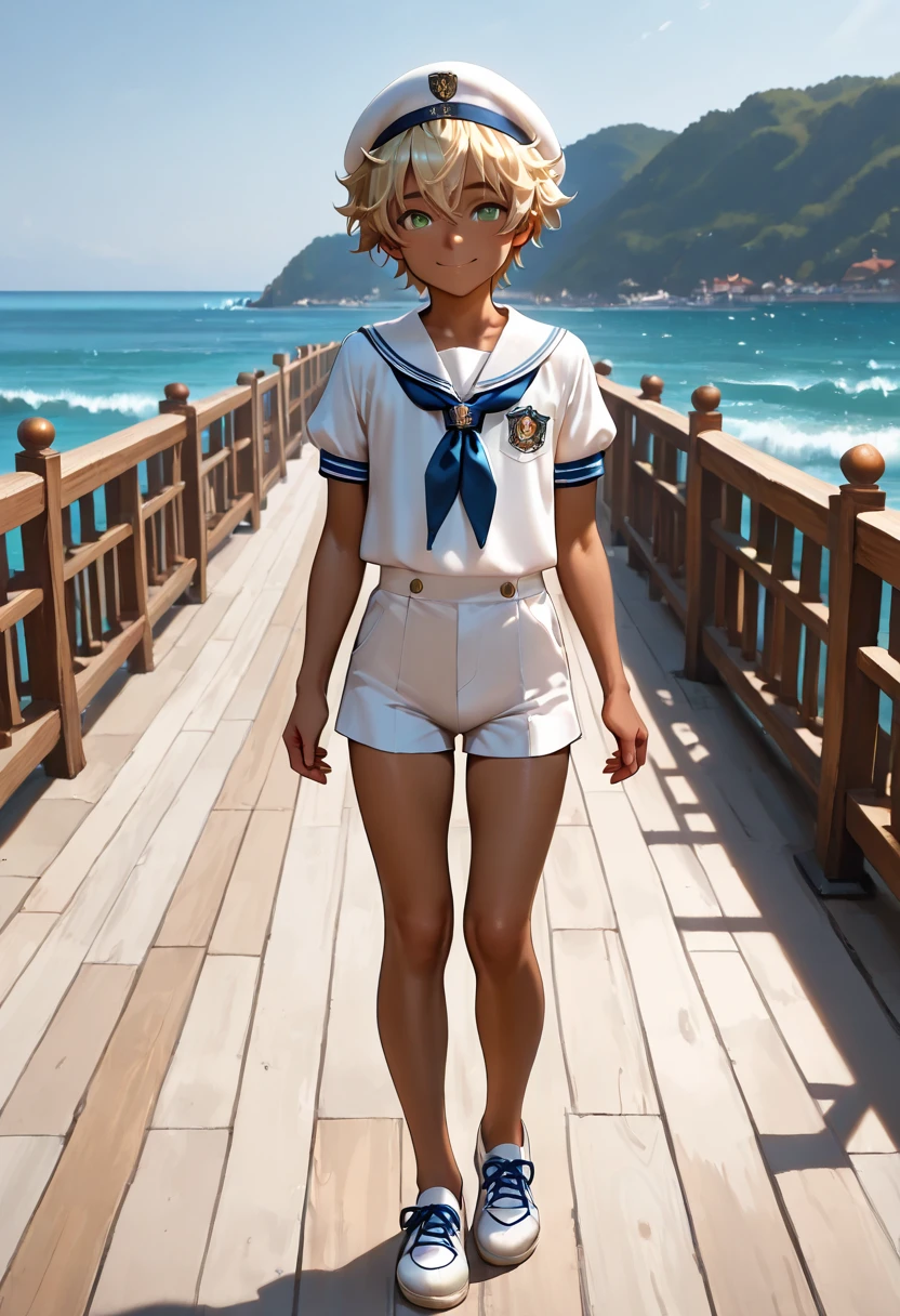 1boy, shota, dark copper tan skin, solo, yellow hair, very short messy hair, beret, white sailor uniform, short pants, green eyes, Western-style American town, port, ocean, standing on the street, smile, masterpiece, best quality, cinematic lighting, deck shoes, focus on body
