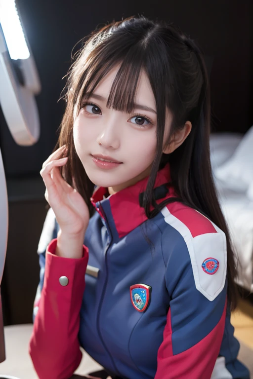 Japanese Woman Like an Idol , long hair , straight hair , round face , bust up ,, medium chest, table top bed , top quality , 8k、( golden ratio face 、 Balanced Eyes 、Very gentle eyelids)、 double eyelid、 innocent face、Young Face、Beautiful Nose、 Embarrassed Laugh 、 lip gloss 、 Very Beautiful Girl Showing Her Opening 、 Model with a Headset on Her Head 、 Wearing Starfleet uniform s, Starfleet uniform 、 Clear Costume Design 、 black hair, Wearing Starfleet Uniform 、 skirt、 pantyhose、 android 、 battleship cockpit ,SFworld, anime world girl 、 Futuristic Background 、