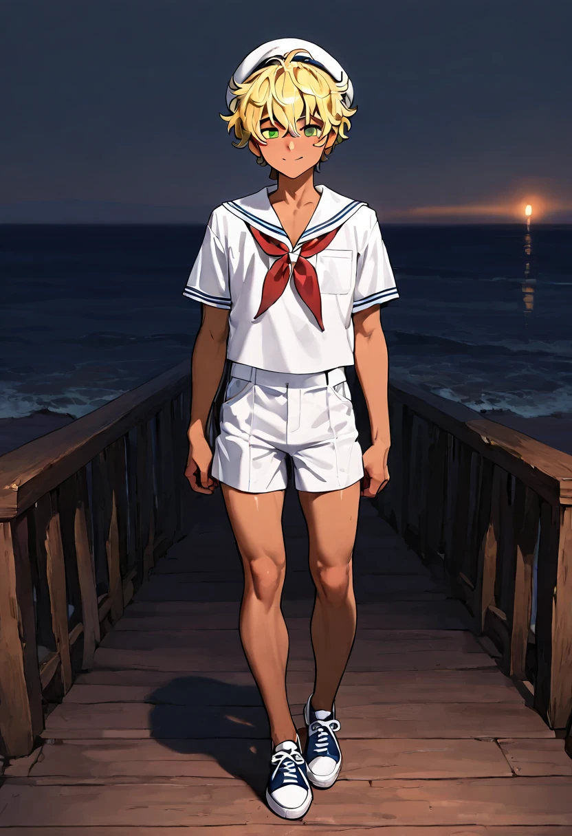 1boy, dark copper tan skin, solo, yellow hair, very short messy hair, beret, white sailor uniform, short pants, green eyes, Western-style American town, port, ocean, standing on the street, smile, masterpiece, best quality, cinematic lighting, deck shoes, focus on body