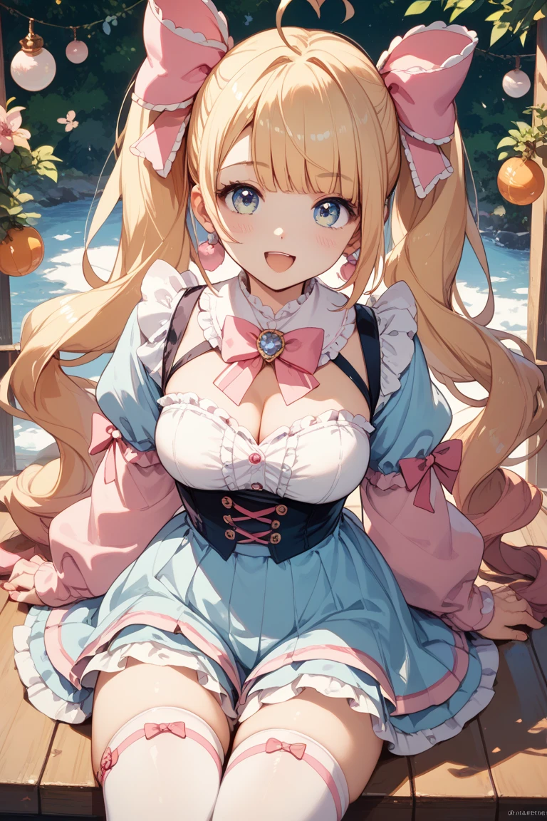 face close up、look up、flower hair ornament、masterpiece、Fluffy cat ears、goddess、Cream blonde color、pink inner color、blue eyes、highest quality、front、big breasts