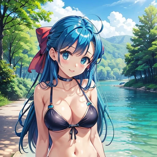 High resolution、highest quality、1 girl、slender、short height、thin thighs、outdoors、shy smile、(Sexual bra with detailed decoration、Sexual panties with detailed decorations、Long light blue hair)、tits、FLORA \(DQ5\),LONG HAIR,HALF UPDO,PINK BOW,EARRINGS,CHOKER,WHITE THIGHHIGHS,SHOES、sexual pose