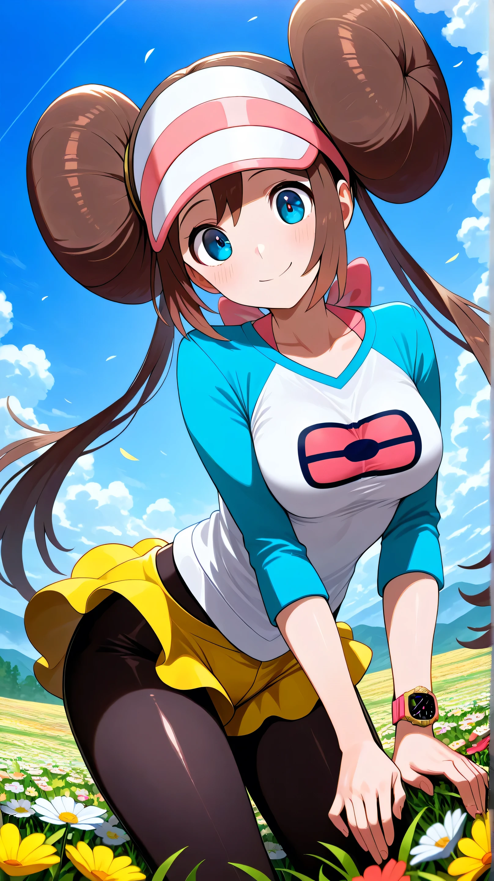 nsfw,anime,masterpiece, best quality, highly dramatic picture, beautiful eyes, cinematic lens effect, ultra cute,flower field,low angle,cowboyshot,looking back,leaning forward,aarosa, long hair, brown hair, double bun, twintails, visor cap, blue eyes, medium breasts, collarbone, pink bow, shirt, raglan sleeves, wristwatch, short shorts, yellow shorts, pantyhose under shorts, black pantyhose,(sheer pantyhose:1.5),wind lift,(buttocks:1.2),taut shirt,smile