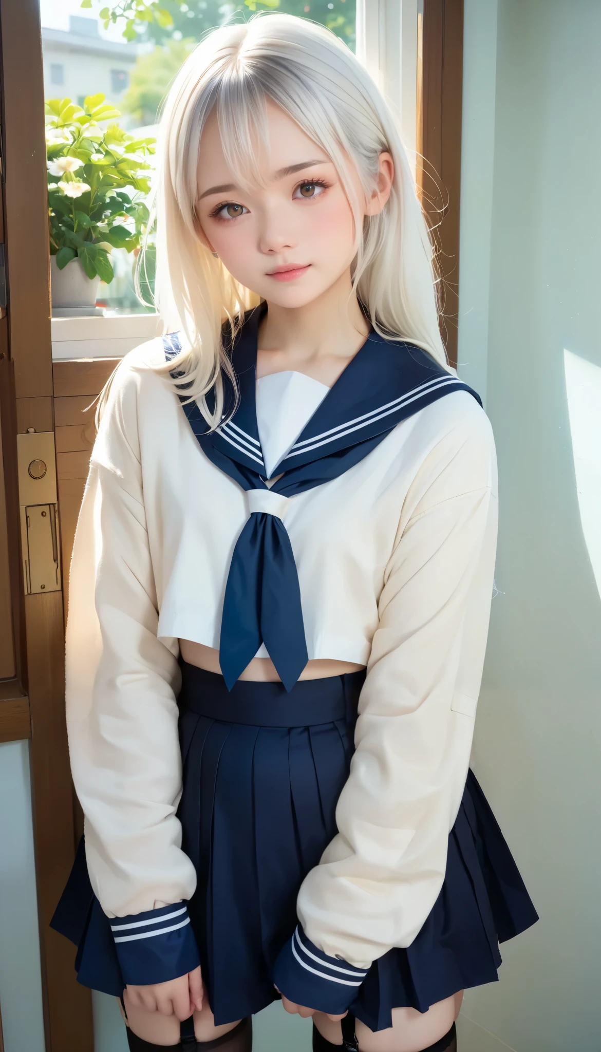   sailor suit   ,  university student, young, cute girl, Masterpiece,4K,8k,16k,   white hair, Light brown eyes,  Japanese,  skirt :1.5、  black stockings 、  black garter belt 、Love Across Time and Space 
