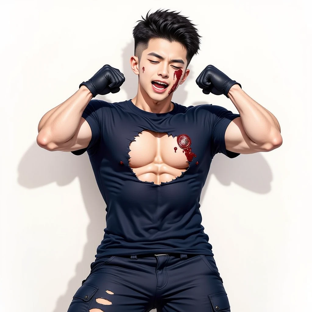 Young man with black eyes, short black hair, and a penis tattoo, sitting in underwear with his legs spread and hands on his head in a dominant pose. 

