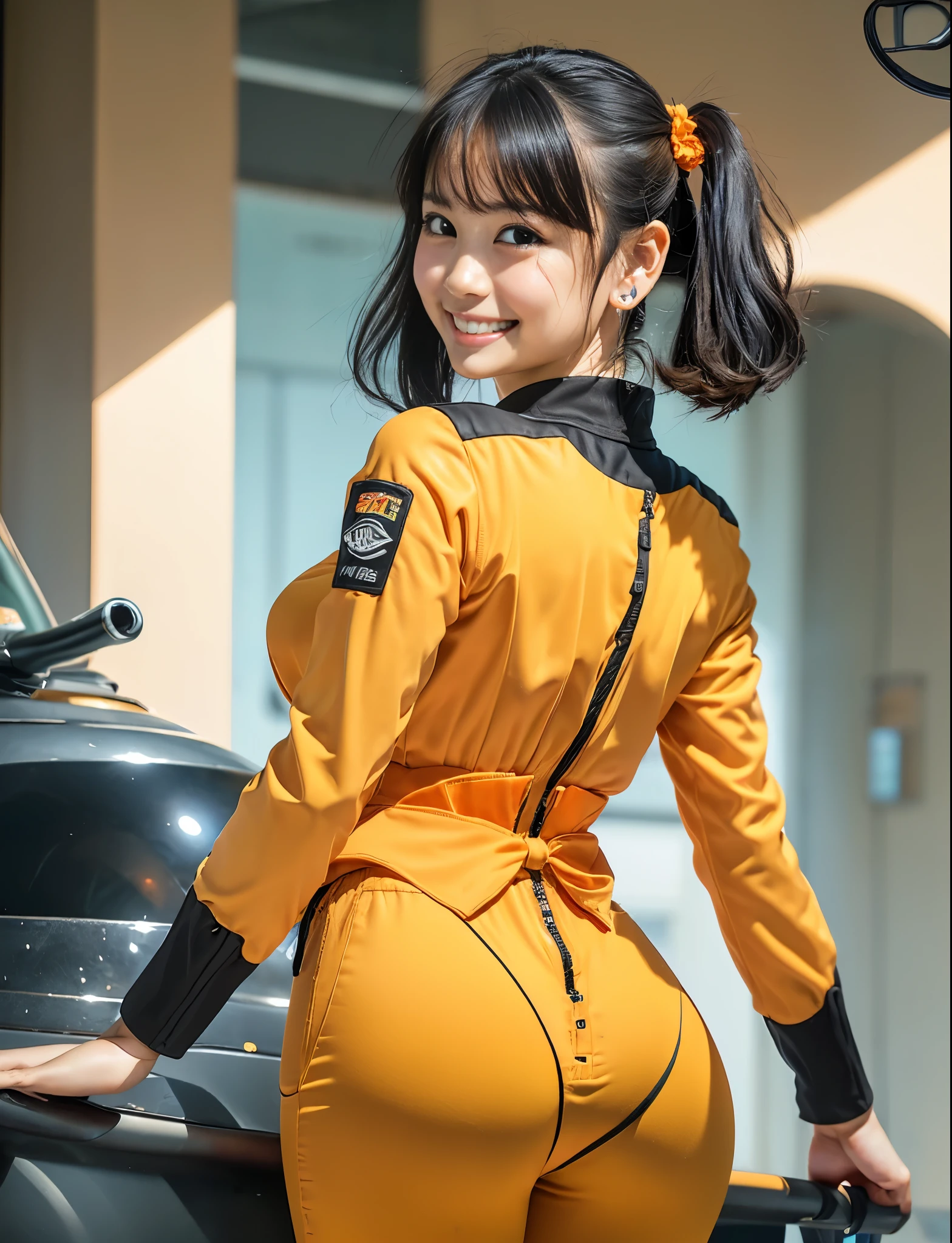 ((yellow short sleeve blouse)),((yellow hot pants)),((Bow down and stick out your butt)),((sweating a lot)),((Didn't shower)),((It smells like a living rotting corpse.)),((I didn’t wash my hair so my hair became matted)),((Poop coming from the anus)),((innocent)),((Pretty lady))