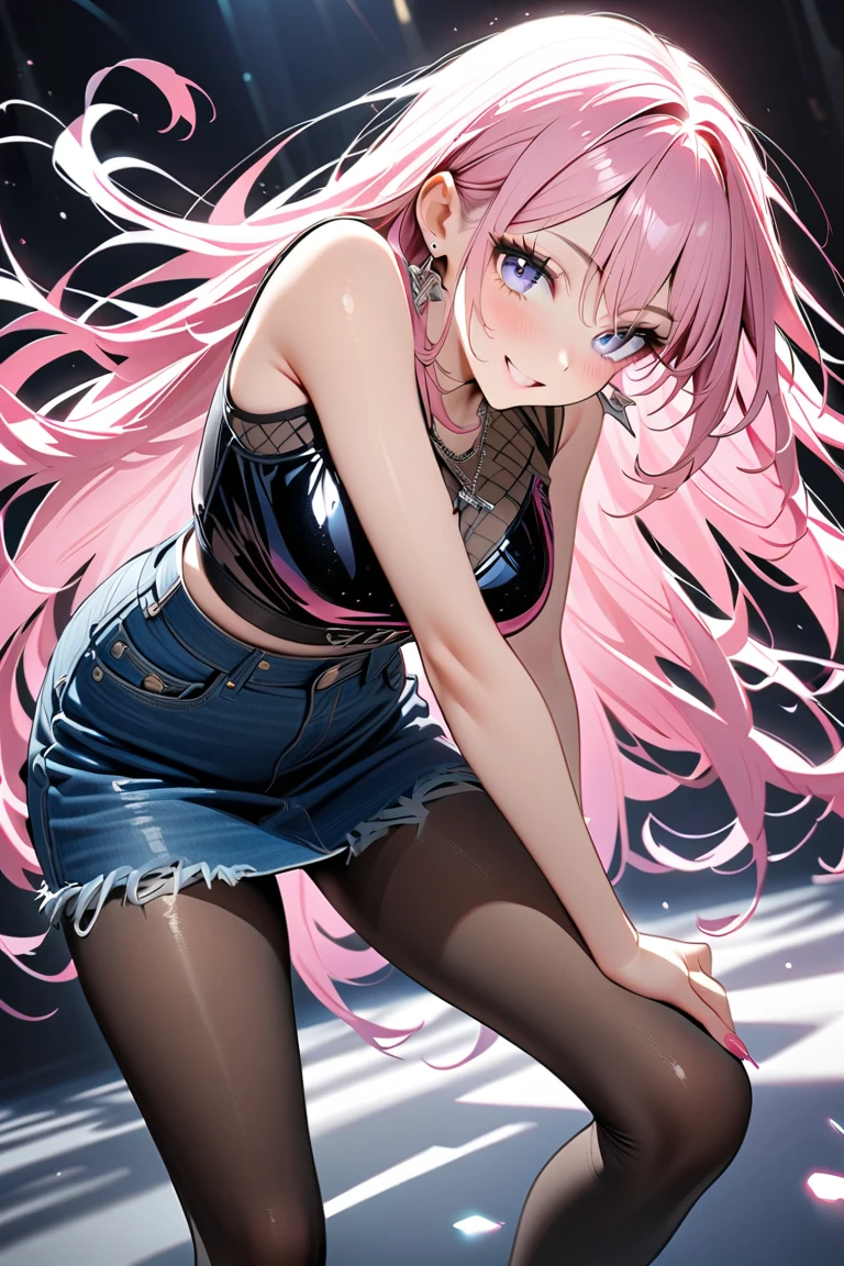 Highest quality 8K resolution,masterpiece, Exquisite detail, Realistic, Realistic, Soft tones,Color Palette, Alone, (20 year old girl:1.6),(Small eyes:1.5), (Long Straight Hair:1.5), Shiny light pink hair,Asymmetrical bangs,No bra, (Sleeveless lift:1.6),(Simple underwear),Beautiful proportions,(Happy face:1.4),Open your mouth,(Shiny white skin),Very beautiful detailed eyes,blue eyes, (Mid-chest), necklace,Earrings,accessories,Cowboy Shot, Are standing, indoor,Detailed clothing,(Embarrassed look),7 lifespan,(Standard body type)