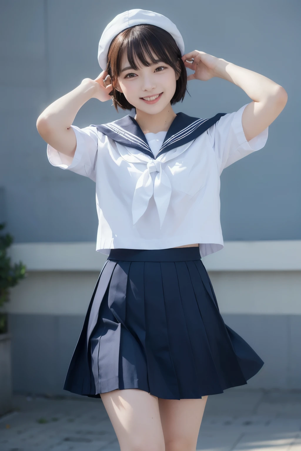 A masterpiece, best quality, ultra-detailed, full body artwork of Haruhi Suzumiya drawn by Ito Noizi. She has short black hair with yellow ribbon headbands on both sides, and her eyes are a gradient of black and brown. She is wearing a white long-sleeve shirt with a light blue sailor-style collar and red ribbon at the front, a light blue sailor style vest with no buttons, a light blue skirt with pleats and a red ribbon at the waist, white knee length socks, and black loafers. She is smiling confidently, with her eyes slightly narrowed and her teeth not visible. She is posing with her right hand near her head, making a V sign with her index and middle fingers, and her left hand palm facing forward, with her fingers stretched. She has a small and round nose, plump cheeks, and thin and curved eyebrows. Her head is slightly tilted to the right, and her body is facing the front. Her style is similar to the anime adaptation by Kyoto Animation.beautiful realistic asians