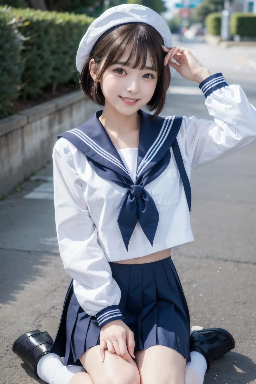 (( Masterpiece)), (( highest quality)), ( Portrait of a Cute Girl ), 、(((white sailor suit)))、(( long tight skirt that hides her knees 、 plain dark blue ))、(( black loafers))、((Standing photo showing up to the knee))、 Cute high 、 laughing like an idol 、 people laughing and laughing 、 professional writing 、(( earthless background))、(( beautiful double eyelids ))、( long eyelashes)、(( black shiny hair ))、 very short hair、G-Cup、(( Best Smile ))、Like a cute popular idol 、(( navy blue skirt))、(( Front angle))、Sailor suit and skirt are made of the same material、jcf, (((white sailor suit)))