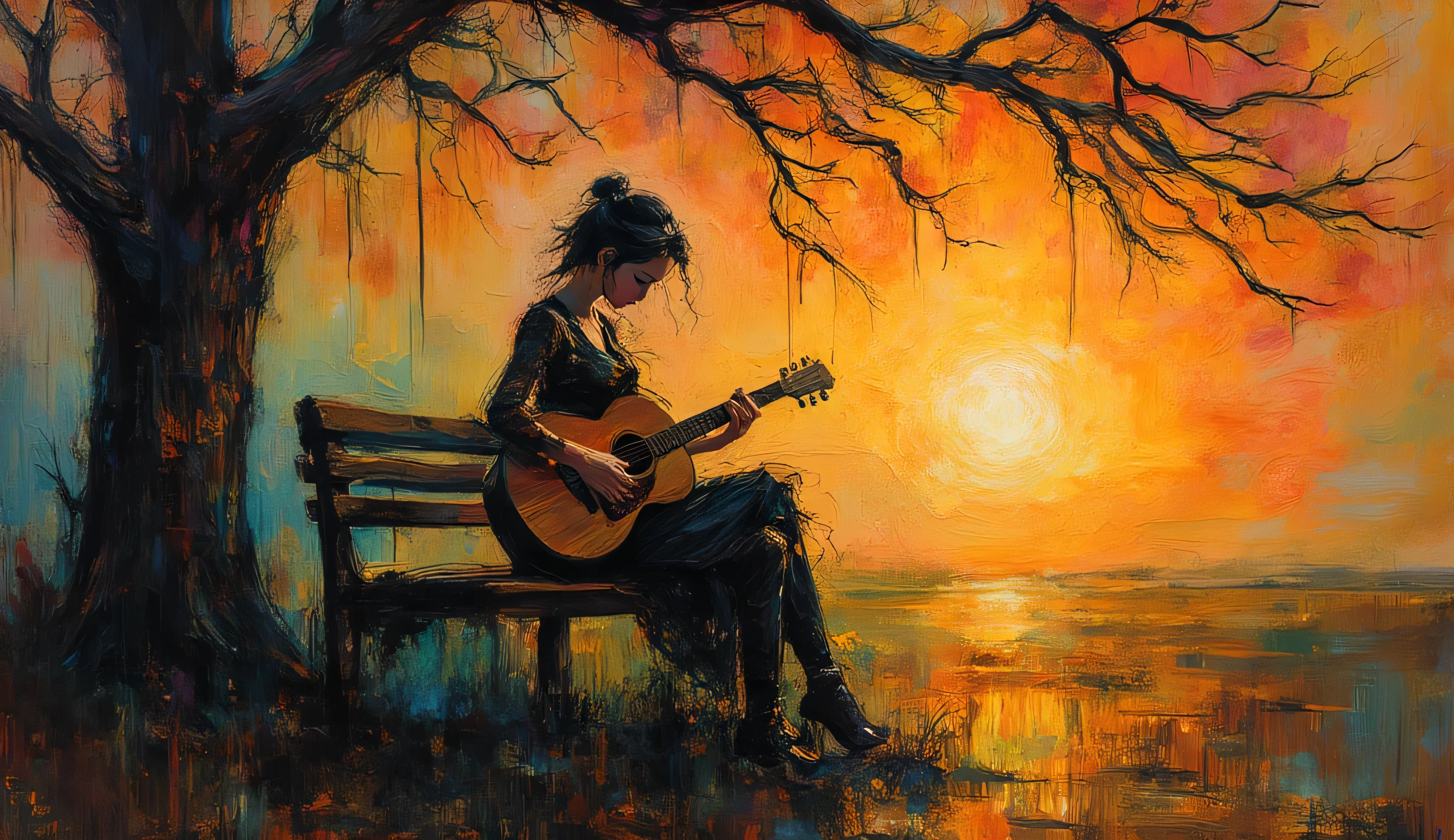 a artistic ink splashes blending dripping effect, dripping glitch cascade of dark shadow dripping ink code, forming the eerie  Girl with an guitar in bench under trees. , Double exposure a miniscent of Van Gogh's post-impressionism, dance across the canvas, infusing moody energy, as if possessed by the turbulent spirits of TUSHIKUNI 1973 twisted figural fo