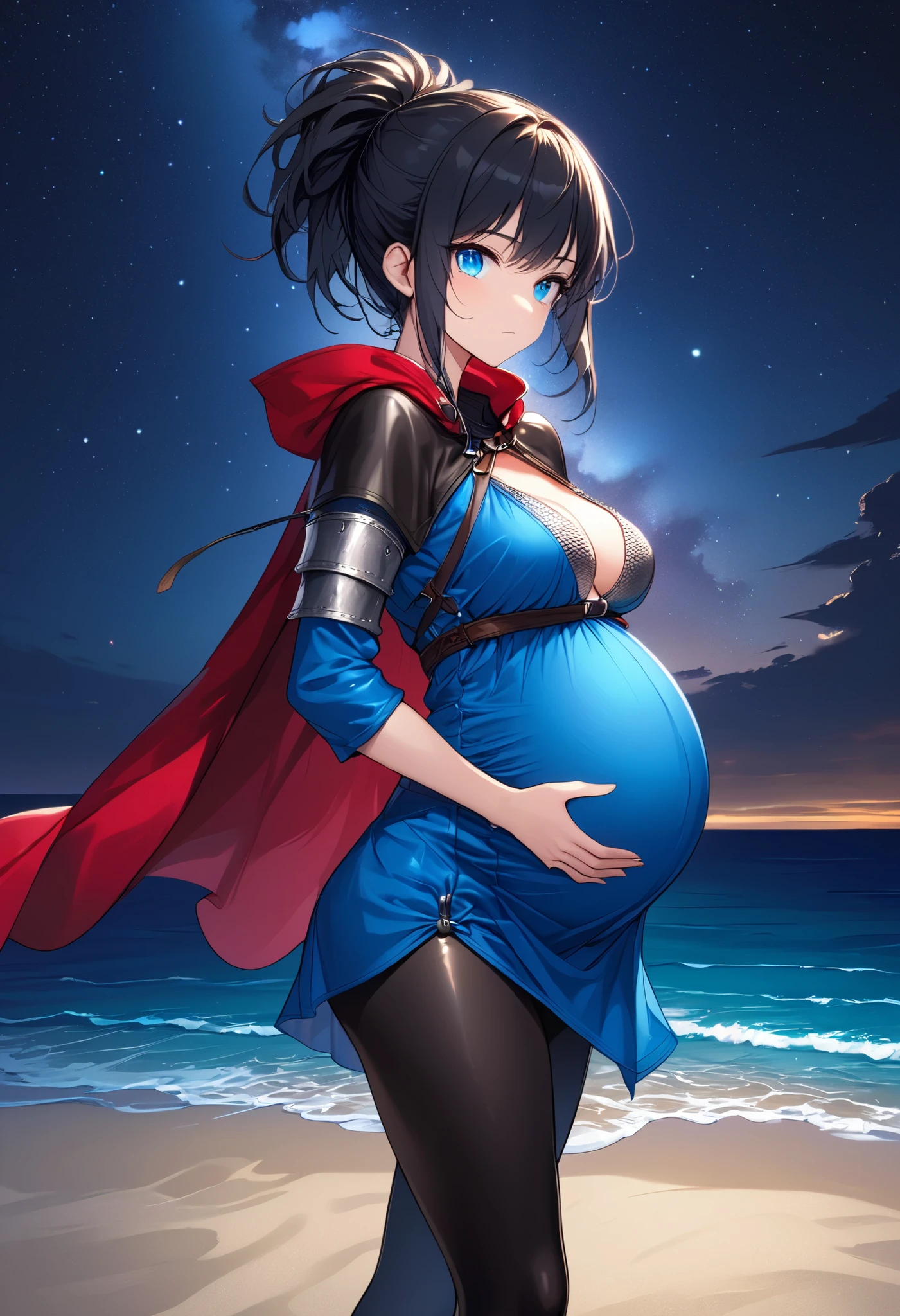 High Resolution, Masterpiece, 4K, beach, (night), 1girl, black hair, tied hair, blue eyes, medium breasts, red cape, blue tunic, chainmail bikini, black leggings, leather boots, standing, arms behind back, looking at viewer, stoic expression, flirting, reaching for viewer, pregnant, side profile
