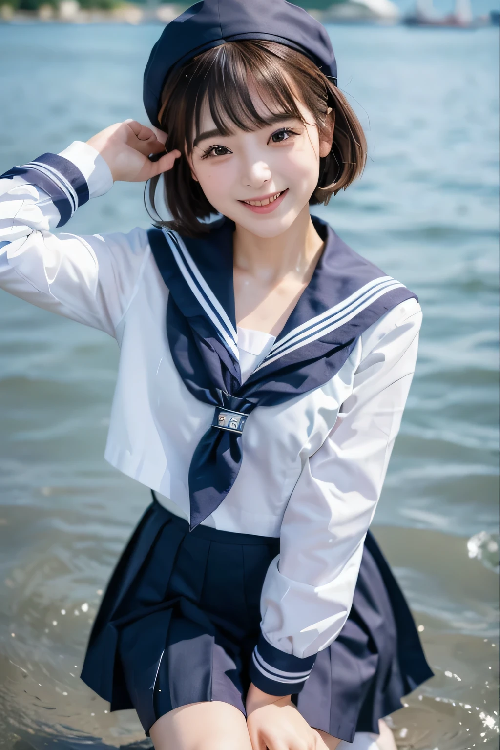 (( Masterpiece)), (( highest quality)), ( Portrait of a Cute Girl ), 、(((white sailor suit)))、(( long tight skirt that hides her knees 、 plain dark blue ))、(( black loafers))、((Standing photo showing up to the knee))、 Cute high 、 laughing like an idol 、 people laughing and laughing 、 professional writing 、(( earthless background))、(( beautiful double eyelids ))、( long eyelashes)、(( black shiny hair ))、 very short hair、G-Cup、(( Best Smile ))、Like a cute popular idol 、(( navy blue skirt))、(( Front angle))、Sailor suit and skirt are made of the same material、jcf, (((white sailor suit)))、 not wearing a hat