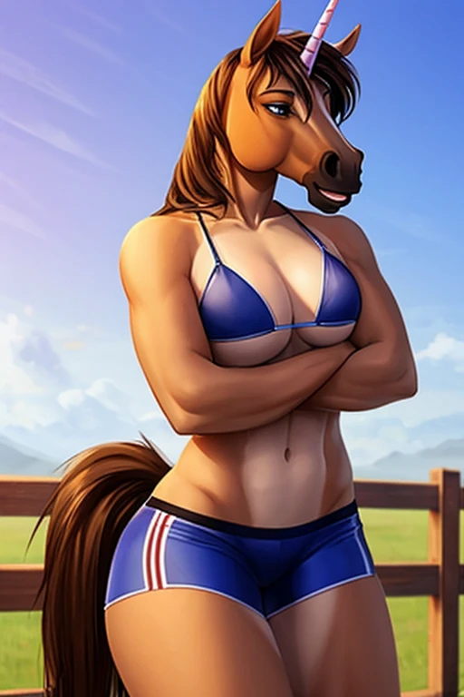 4k highly detailed realistic digital extremely high quality drawing, masterpiece, (by keeltheequine), (uploaded on e621), (a three-quarters portrait of a female anthro horse, furry), (sitting on a beach, collared, wearing a micro bikini, beautiful blonde ponytail hair), (lips), (beautiful and detailed eyes: 1.1), fur, seductive, sexy, voluptuous, curvy body, large breasts, thick thighs, muscles, cinematic lighting, (f1.8 short focus bokeh)