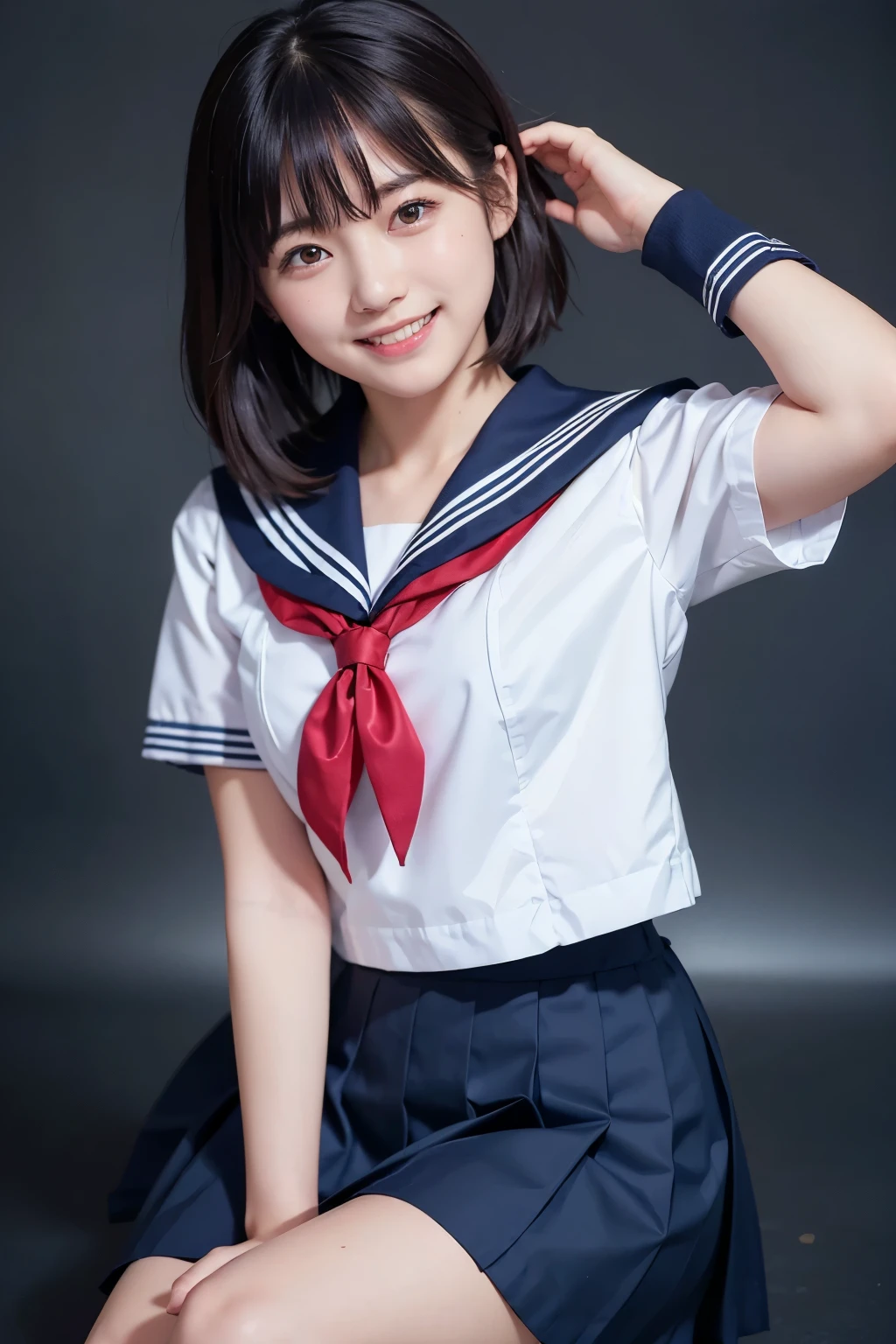 (( Masterpiece)), (( highest quality)), ( Portrait of a Cute Girl ), 、(((white sailor suit)))、(( long tight skirt that hides her knees 、 plain dark blue ))、(( black loafers))、((Standing photo showing up to the knee))、 Cute high school student 、 laughing like an idol 、 people laughing and laughing 、 professional writing 、(( earthless background))、(( beautiful double eyelids ))、( long eyelashes)、(( black shiny hair ))、 very short hair、G-Cup、(( Best Smile ))、Like a cute popular idol 、(( navy blue skirt))、(( Front angle))、Sailor suit and skirt are made of the same material