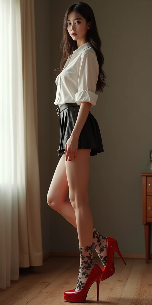 full body view of 20 year old female, light brunette hair,   disheveled hair. passed out. unconscious. laying on hardwood floor. dynamic lighting. wearing sleeveless white satin blouse and pleated skirt. clothes ripped
