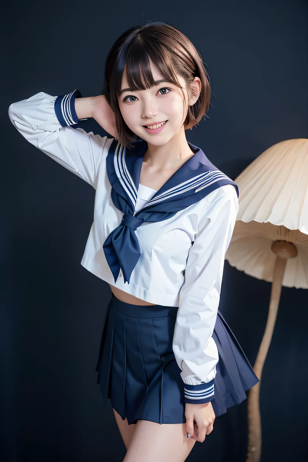 (( Masterpiece)), (( highest quality)), ( Portrait of a Cute Girl ), 、(((white sailor suit)))、(( long tight skirt that hides her knees 、 plain dark blue ))、(( black loafers))、((Standing photo showing up to the knee))、 Cute high 、 laughing like an idol 、 people laughing and laughing 、 professional writing 、(( earthless background))、(( beautiful double eyelids ))、( long eyelashes)、(( black shiny hair ))、 ((Mushroom boy cut hairstyle))、G-Cup、(( Best Smile ))、Like a cute popular idol 、(( navy blue skirt))、(( Front angle))、Sailor suit and skirt are made of the same material