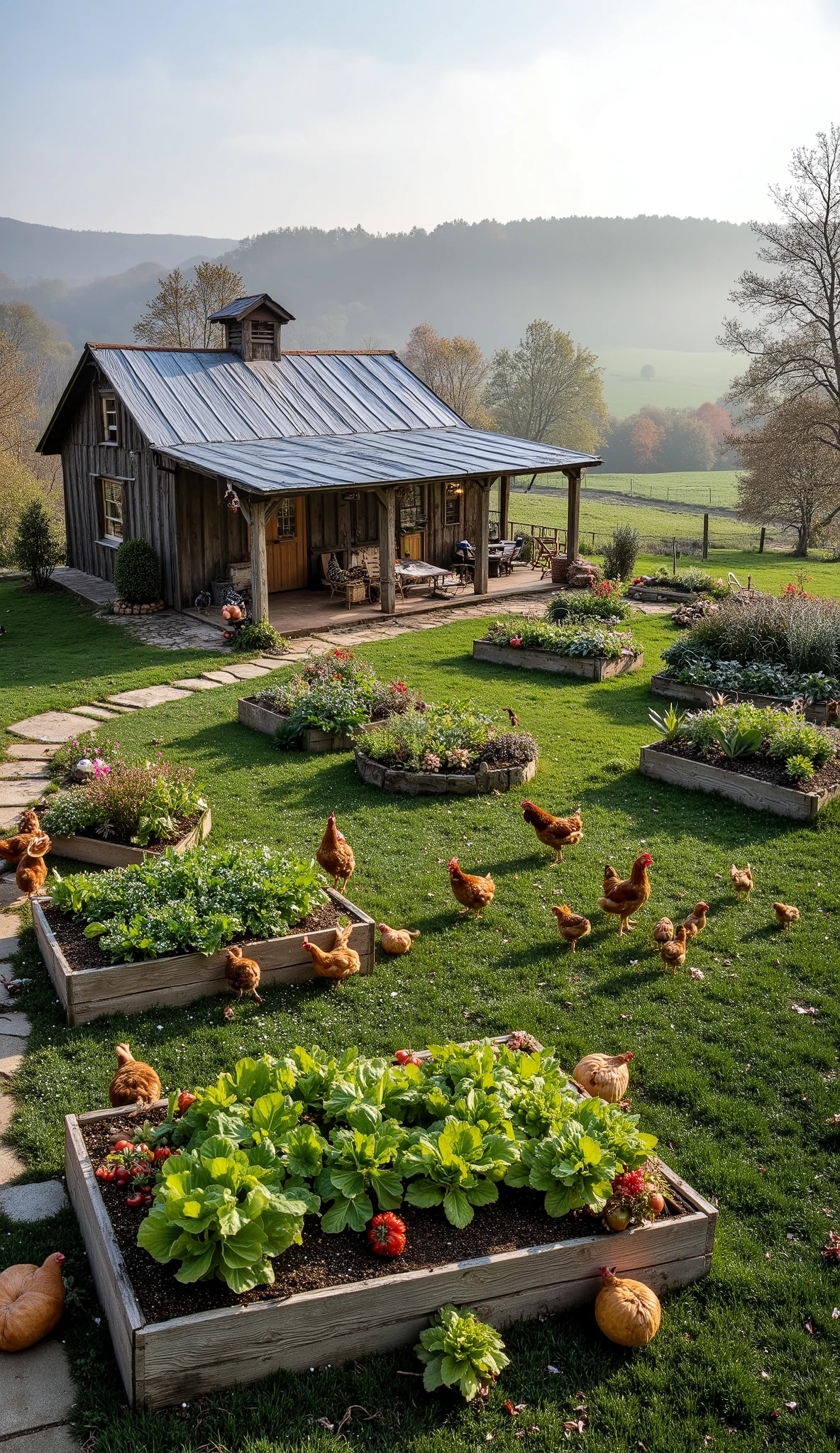 "A cozy countryside farmhouse with a rustic design, surrounded by lush greenery and a misty morning atmosphere. The house has a tin roof, a charming front porch with wooden furniture, and a natural stone pathway leading to the entrance. The foreground features a beautifully maintained vegetable garden with multiple raised beds, filled with fresh green produce such as lettuce, tomatoes, and herbs. Chickens roam freely across the grassy yard, adding a homely and serene farm-life vibe. The background consists of rolling fields, scattered trees, and soft morning fog, creating a peaceful and dreamy rural setting."