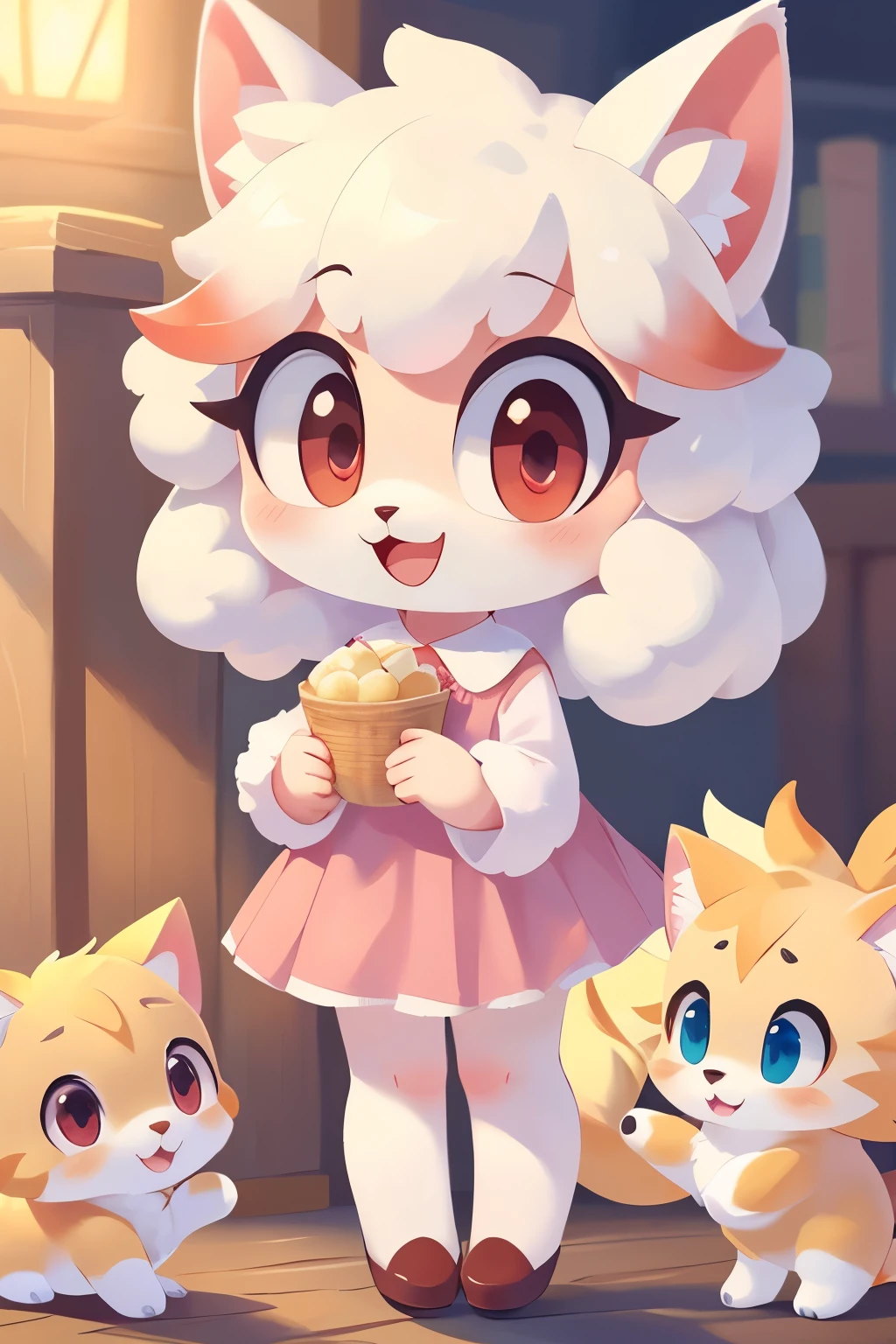 ((best quality)), ((masterpiece)),(cute) 1 girl, furry sheep,  light pink skin,  fluffy hair ,  white hair,  red eyes,  big eyes ,  smiling, Kittens around, chibi body